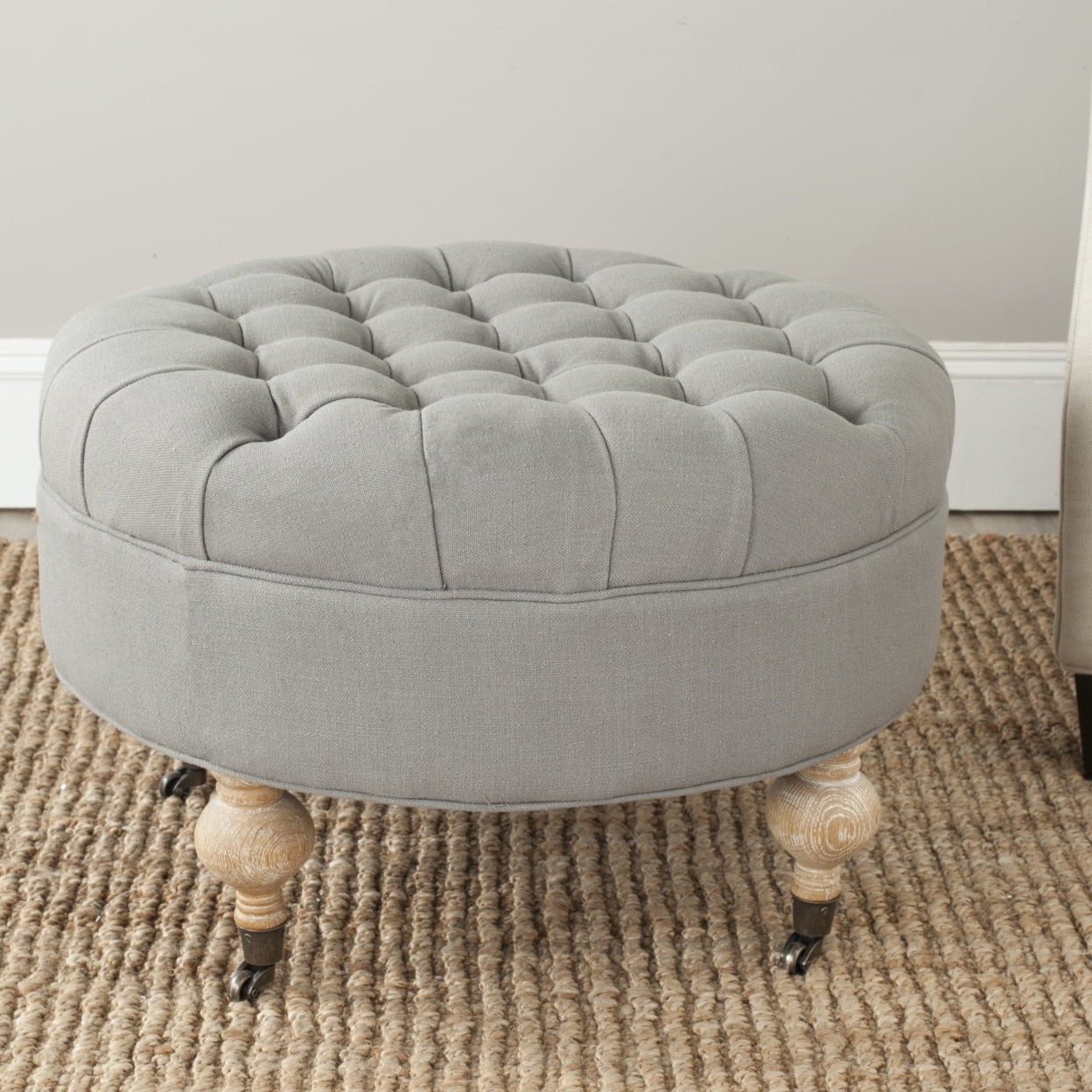 Clara Transitional Granite Grey Tufted Round Ottoman