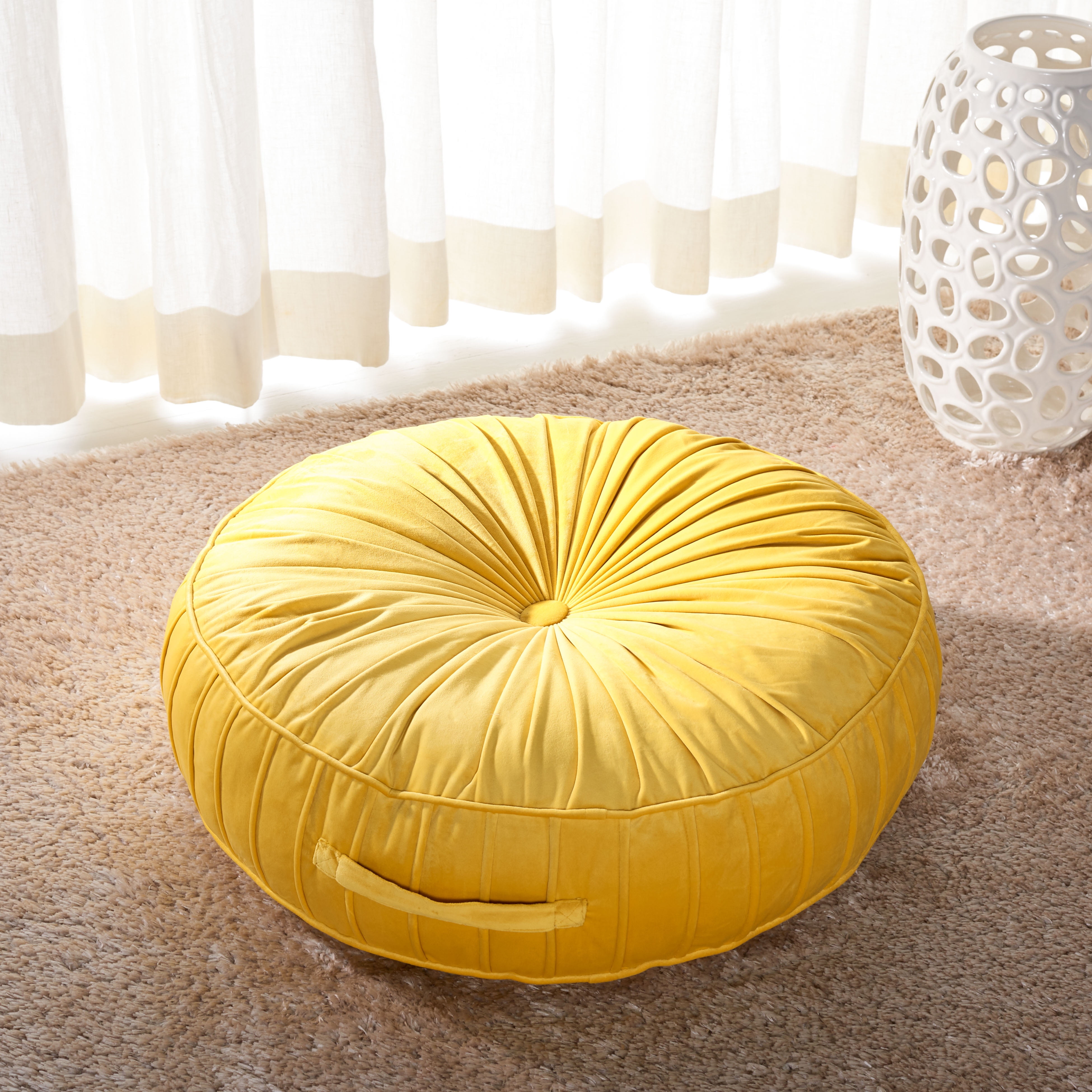 Mustard Round Velvet Floor Pillow with Handle, 25" x 25"