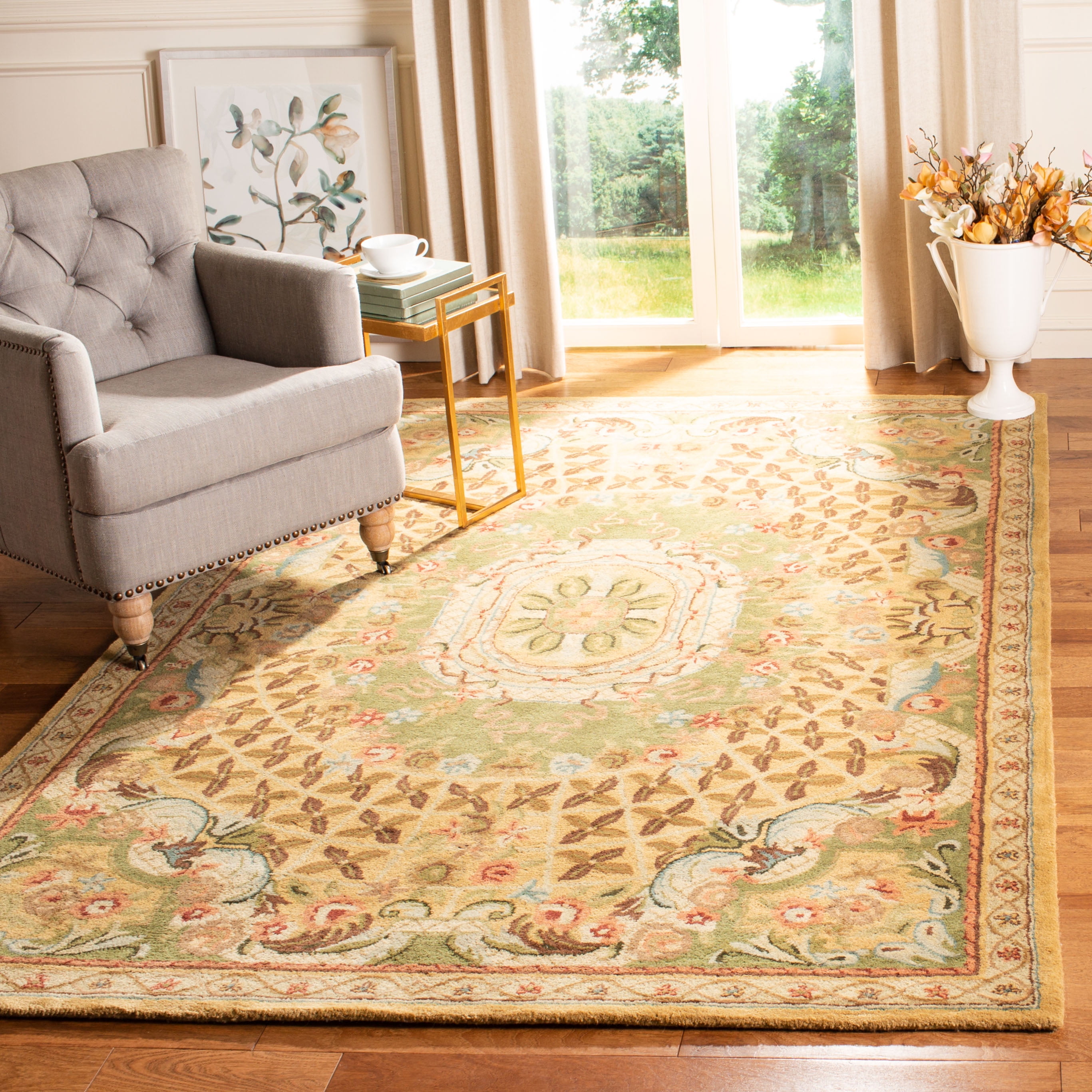 Taupe and Light Green Hand-Tufted Wool Area Rug