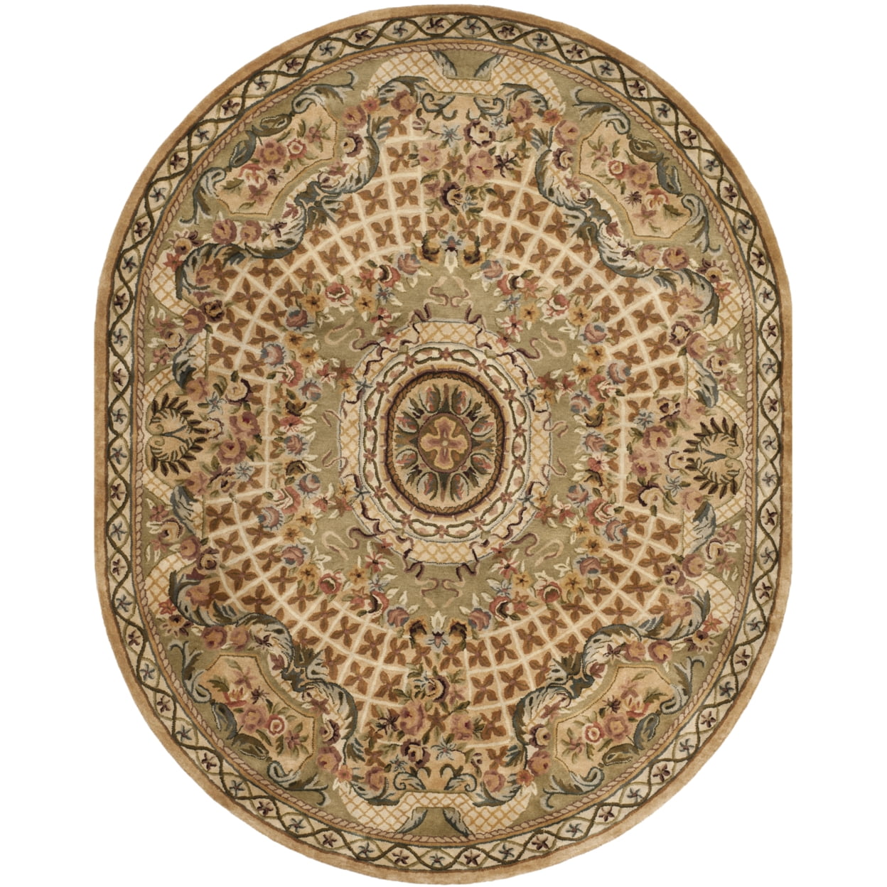 Elegant Taupe & Light Green Oval Wool Area Rug, 7'6" x 9'6"