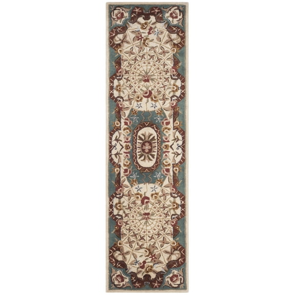 SAFAVIEH Classic Chandler Floral Bordered Wool Runner Rug, Ivory/Light Blue, 2'3" x 8'