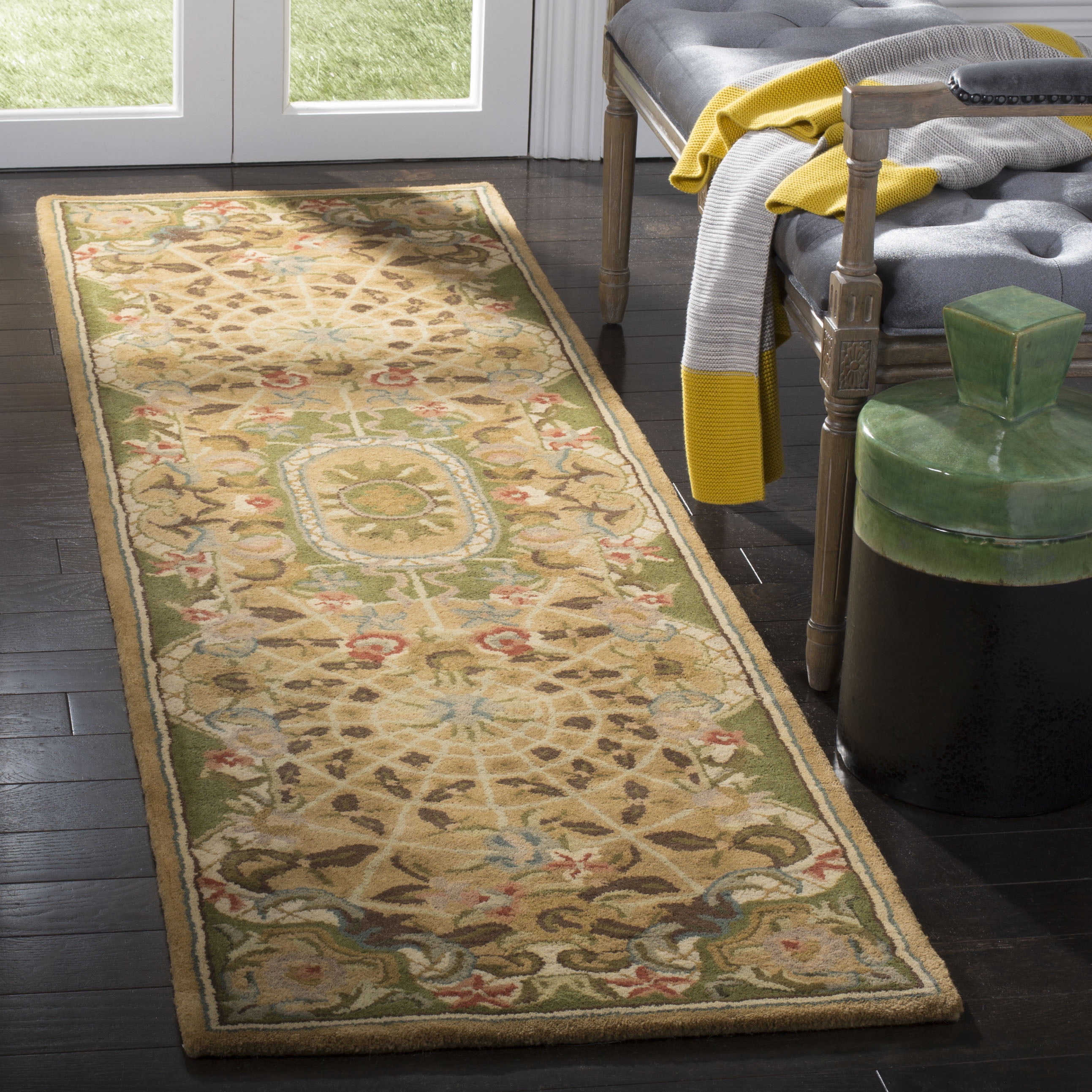 Classic Taupe and Light Green Hand-Tufted Wool Runner Rug