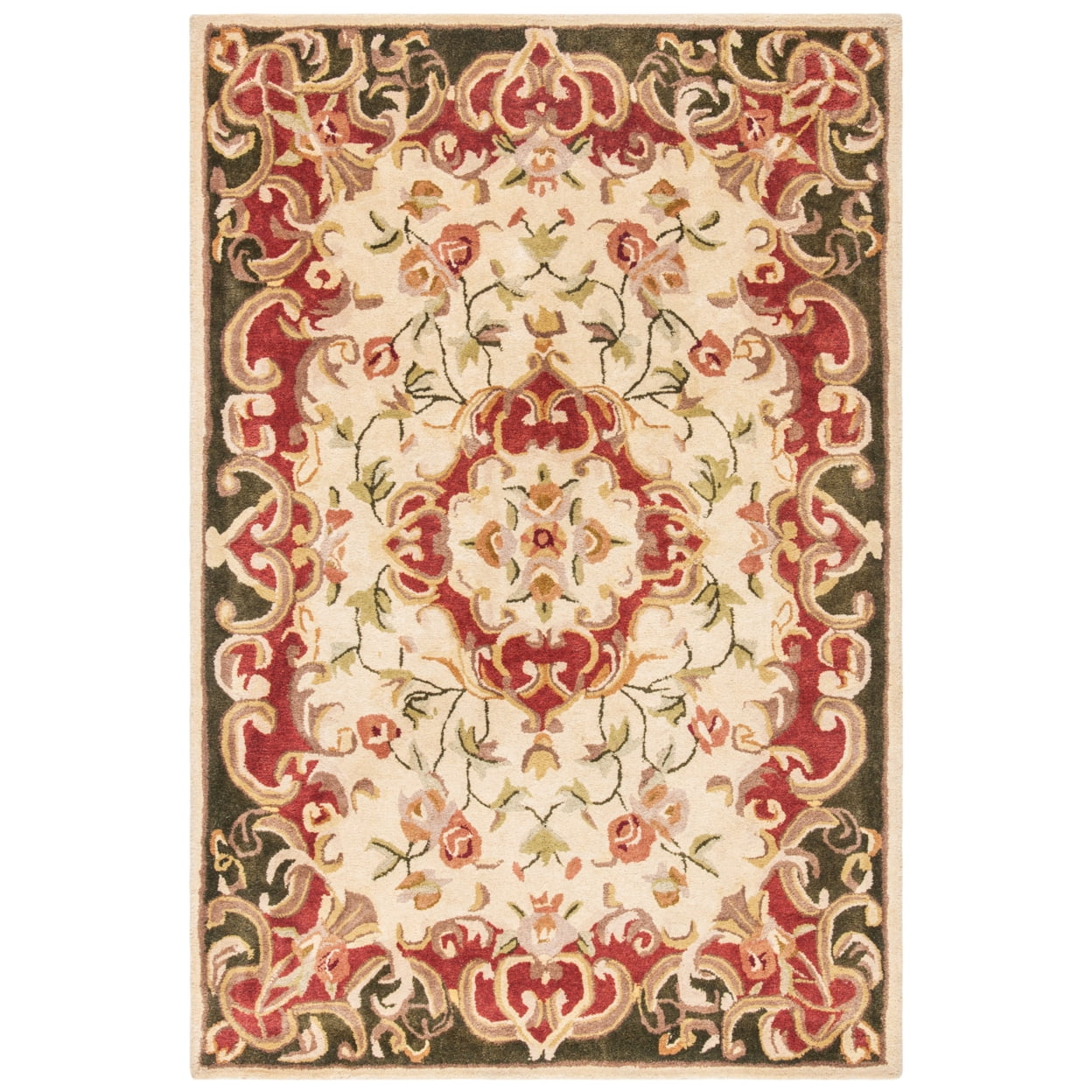Ivory and Green Hand-Tufted Wool 4' x 6' Area Rug
