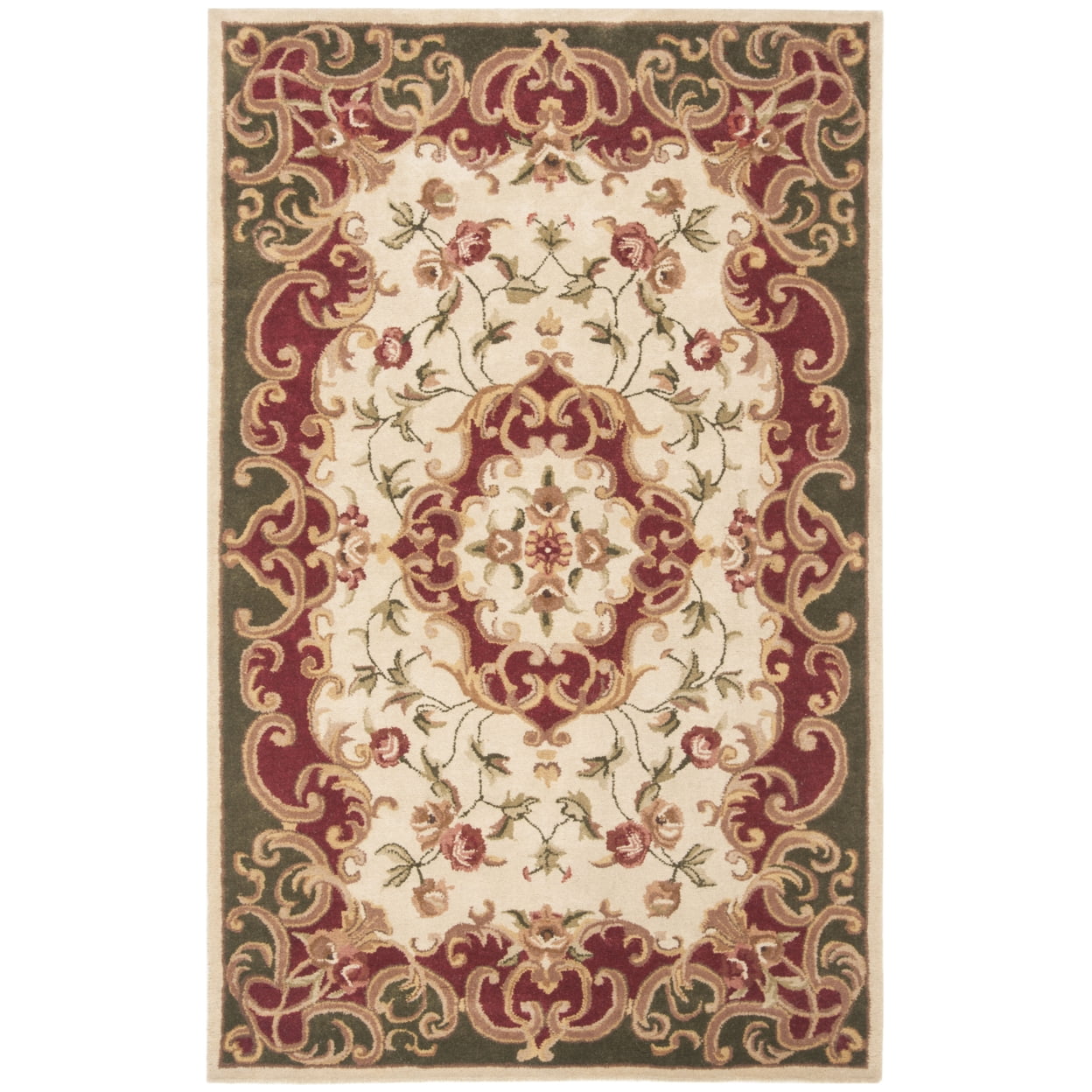 Ivory and Green Hand-Tufted Wool Area Rug 5' x 8'