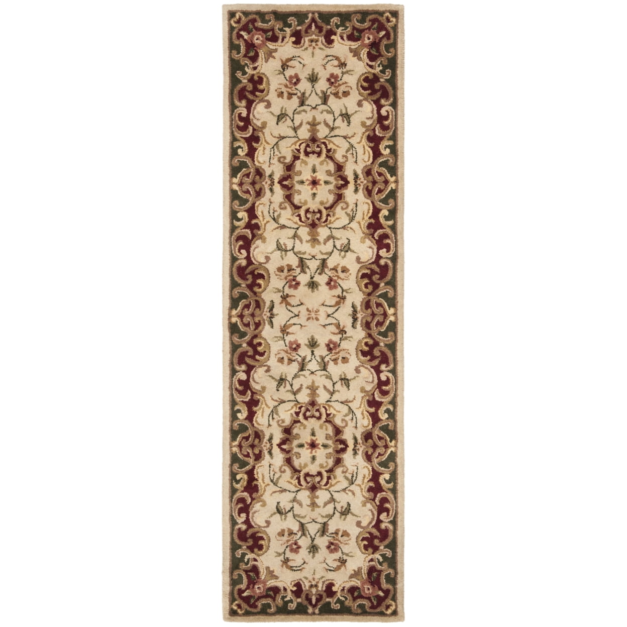 Beige and Green Hand-Tufted Wool Runner Rug