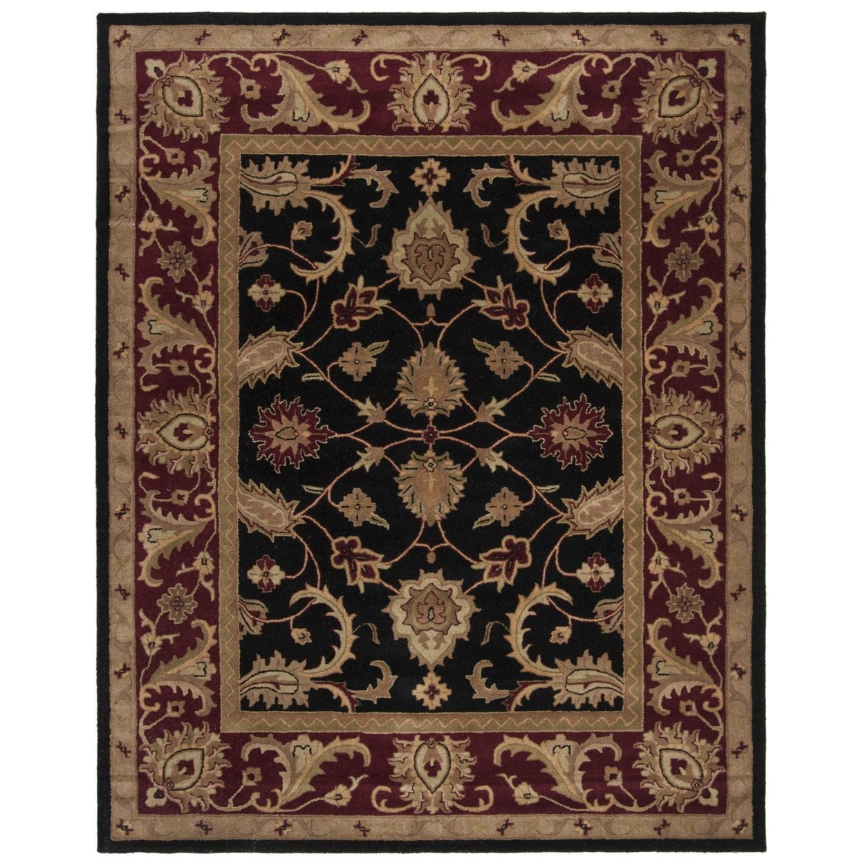 Hand-Tufted Black and Burgundy Wool Area Rug, 9'6" x 13'6"