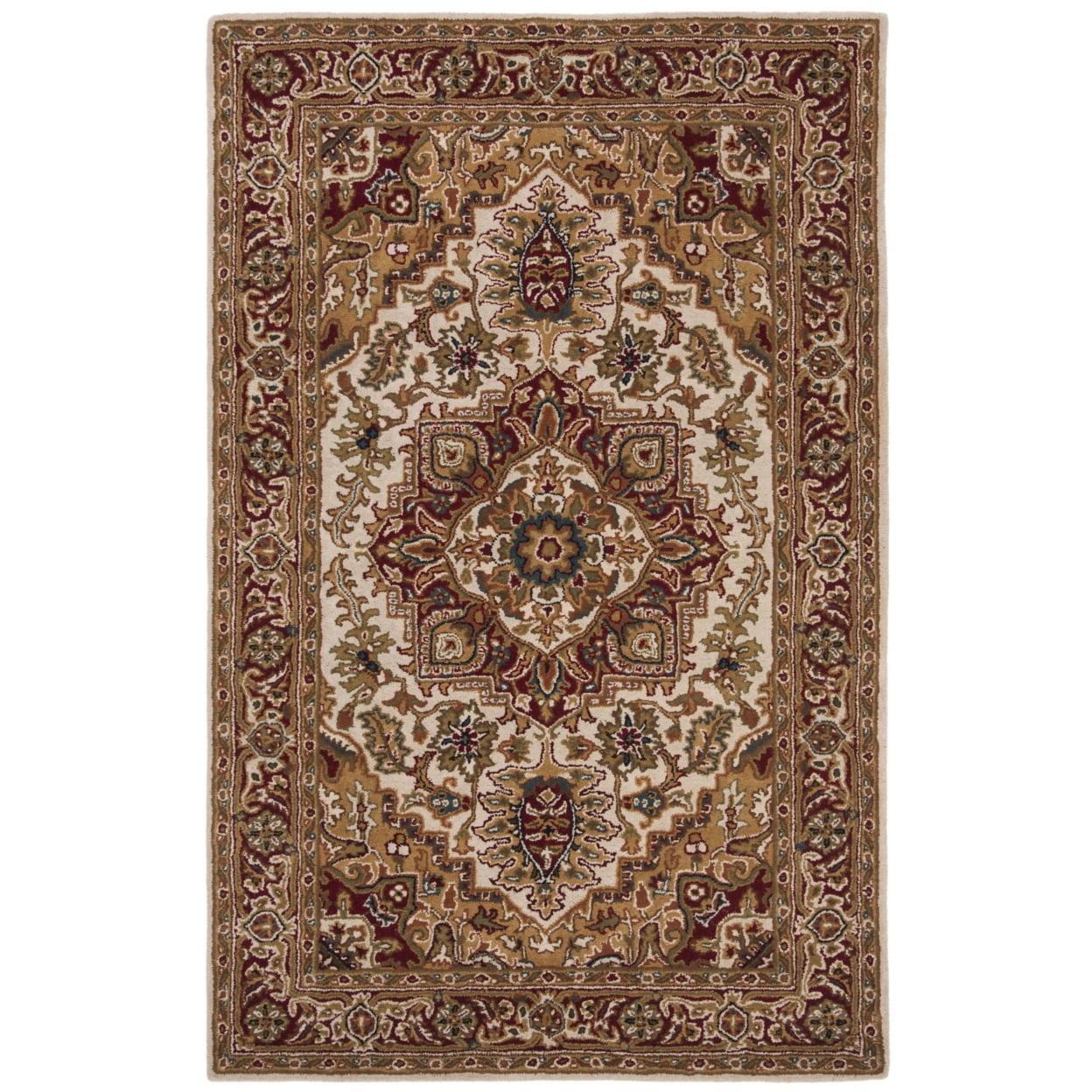 Light Gold and Red Hand-Tufted Wool 4' x 6' Area Rug