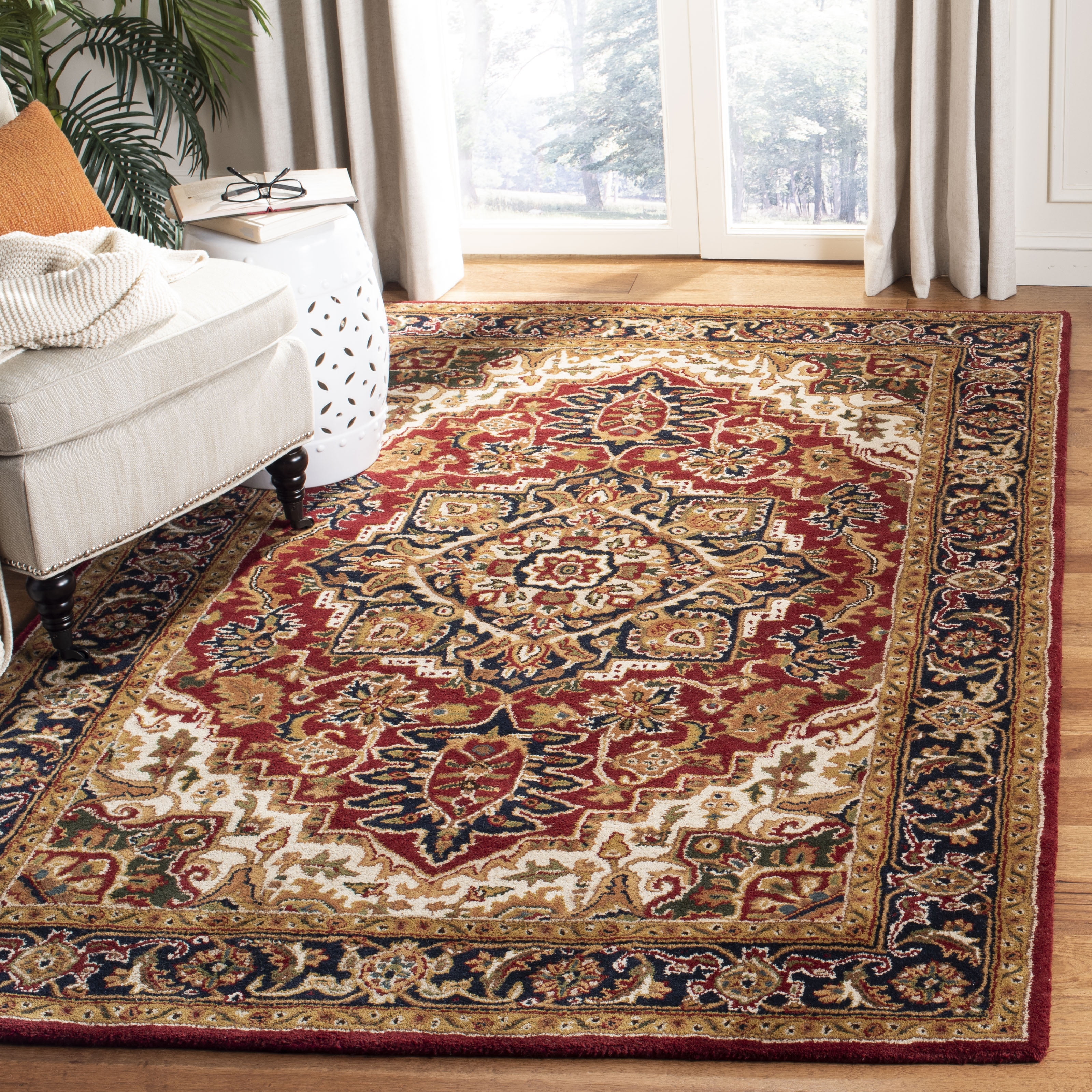 Hand-Tufted Red and Navy Wool High Pile Area Rug