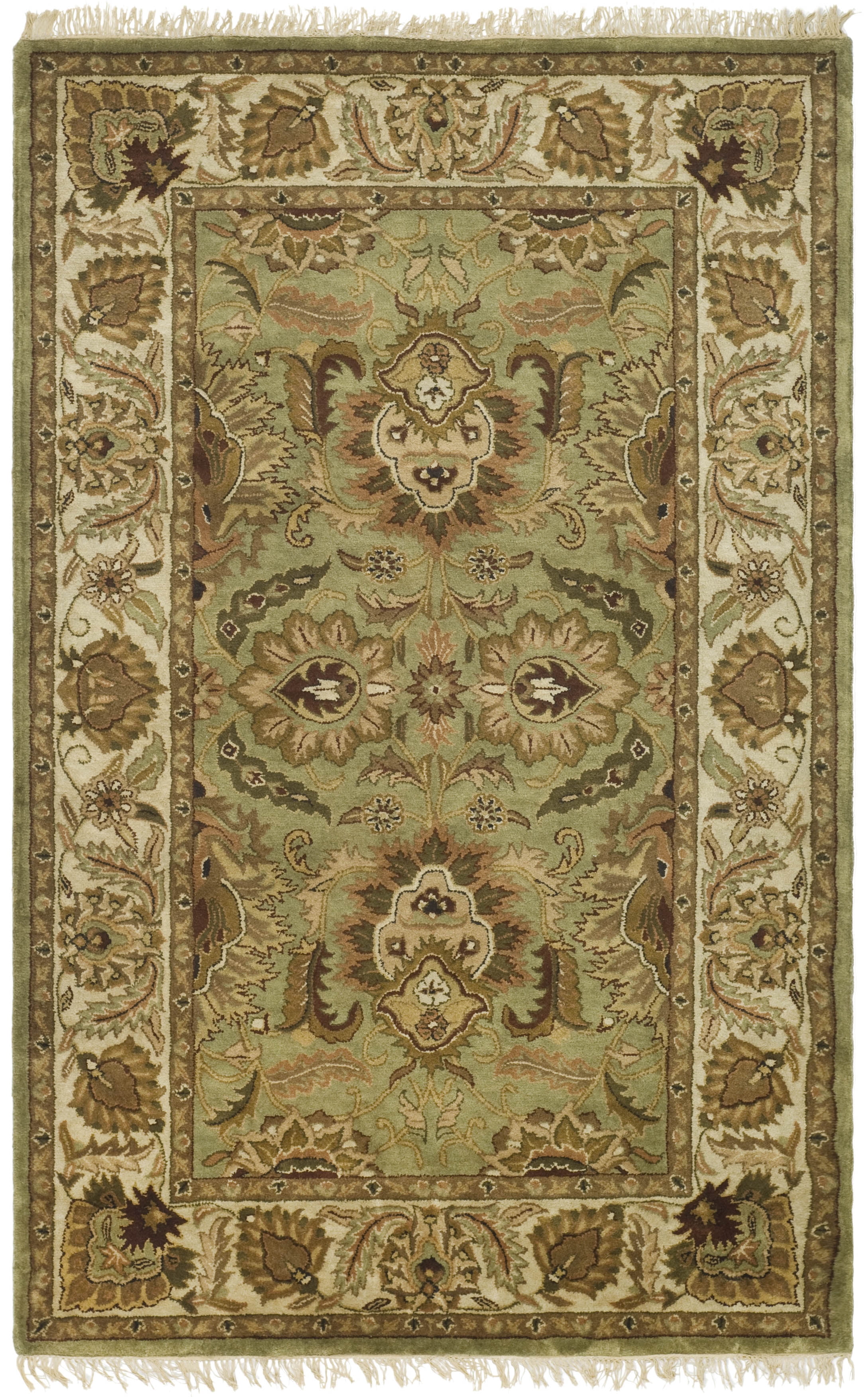 Green and Ivory Hand-Tufted Wool 6' x 9' Oriental Rug