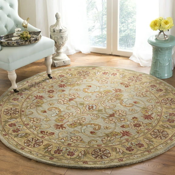 SAFAVIEH Classic Simonette Floral Wool Area Rug, Light Green/Gold, 3'6" x 3'6" Round