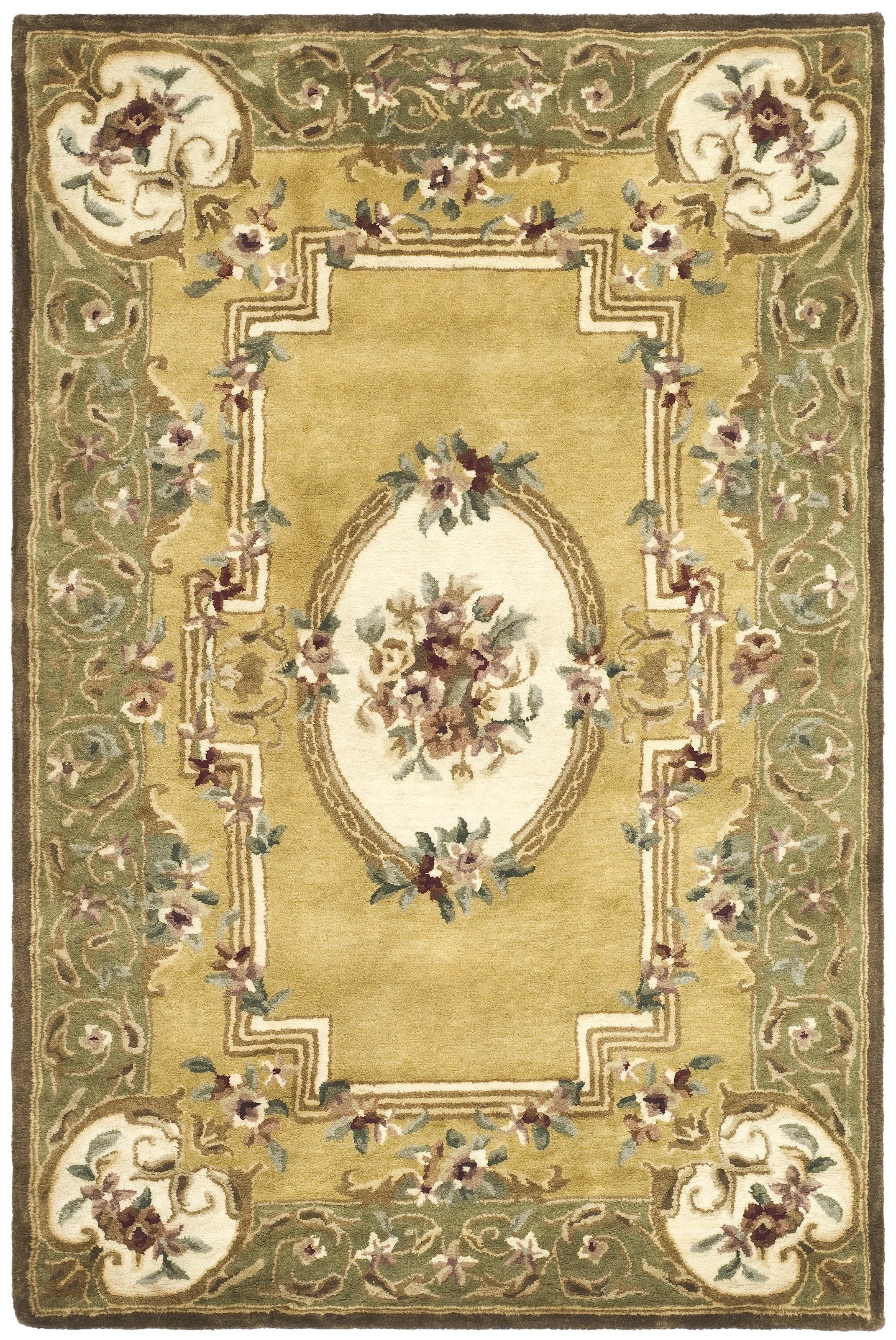 Hand-Tufted Elegance Light Gold and Green Wool Area Rug, 6' x 9'