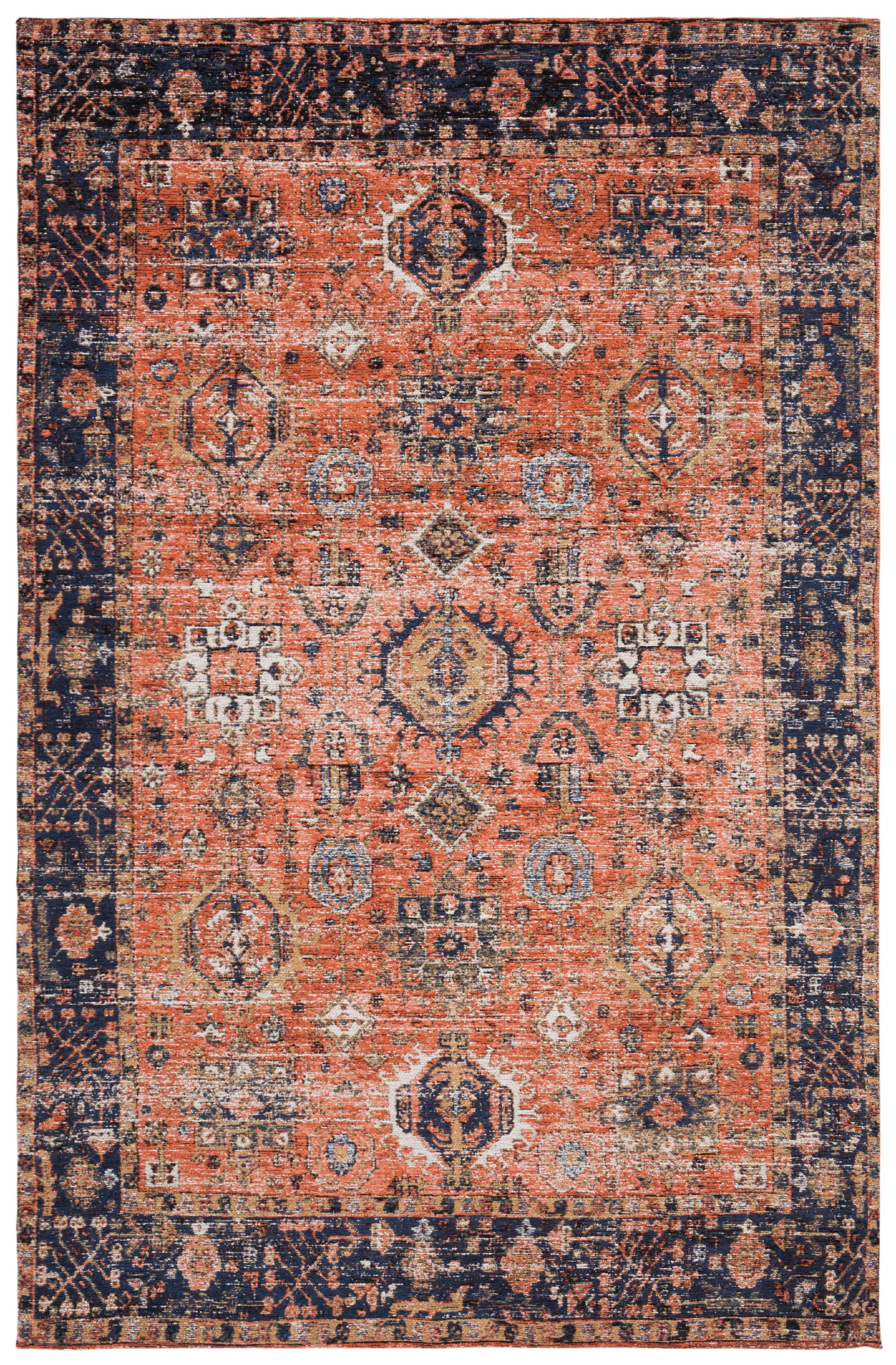 Rust and Navy Vintage Flat Woven Wool Area Rug 4' x 6'