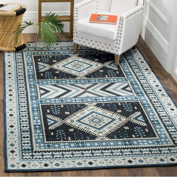 SAFAVIEH Classic Vintage Clarette Chevron Bordered Area Rug, Navy/Light Blue, 6'7" x 9'2"
