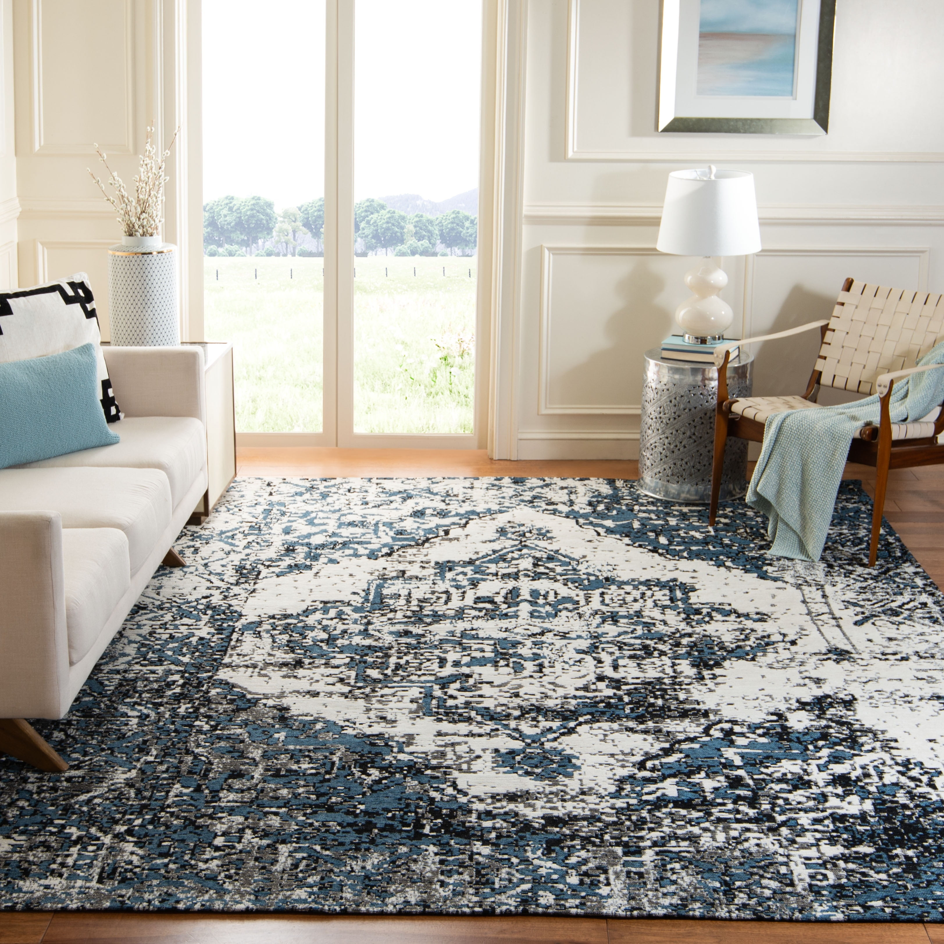 Navy and Ivory 8' x 10' Cotton Chenille Area Rug