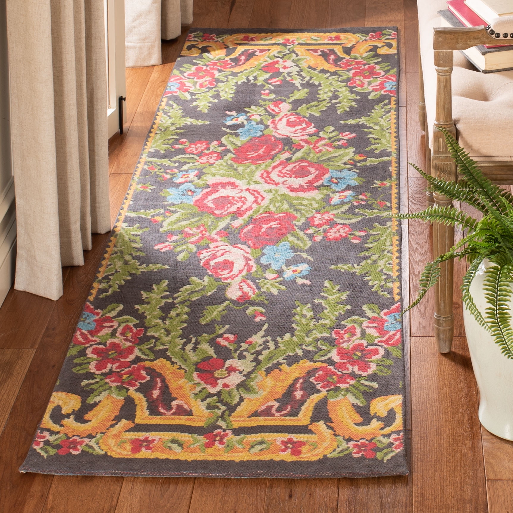 Grey and Rose Floral Synthetic Runner Rug, 2'3" x 8'