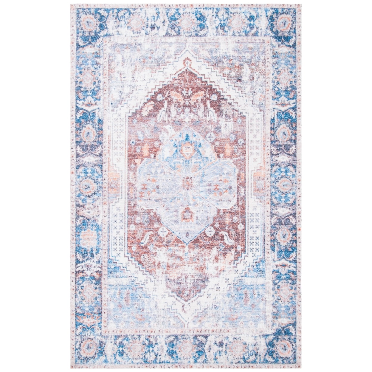 Vintage Blue and Rust Cotton Synthetic Flat Woven Rug