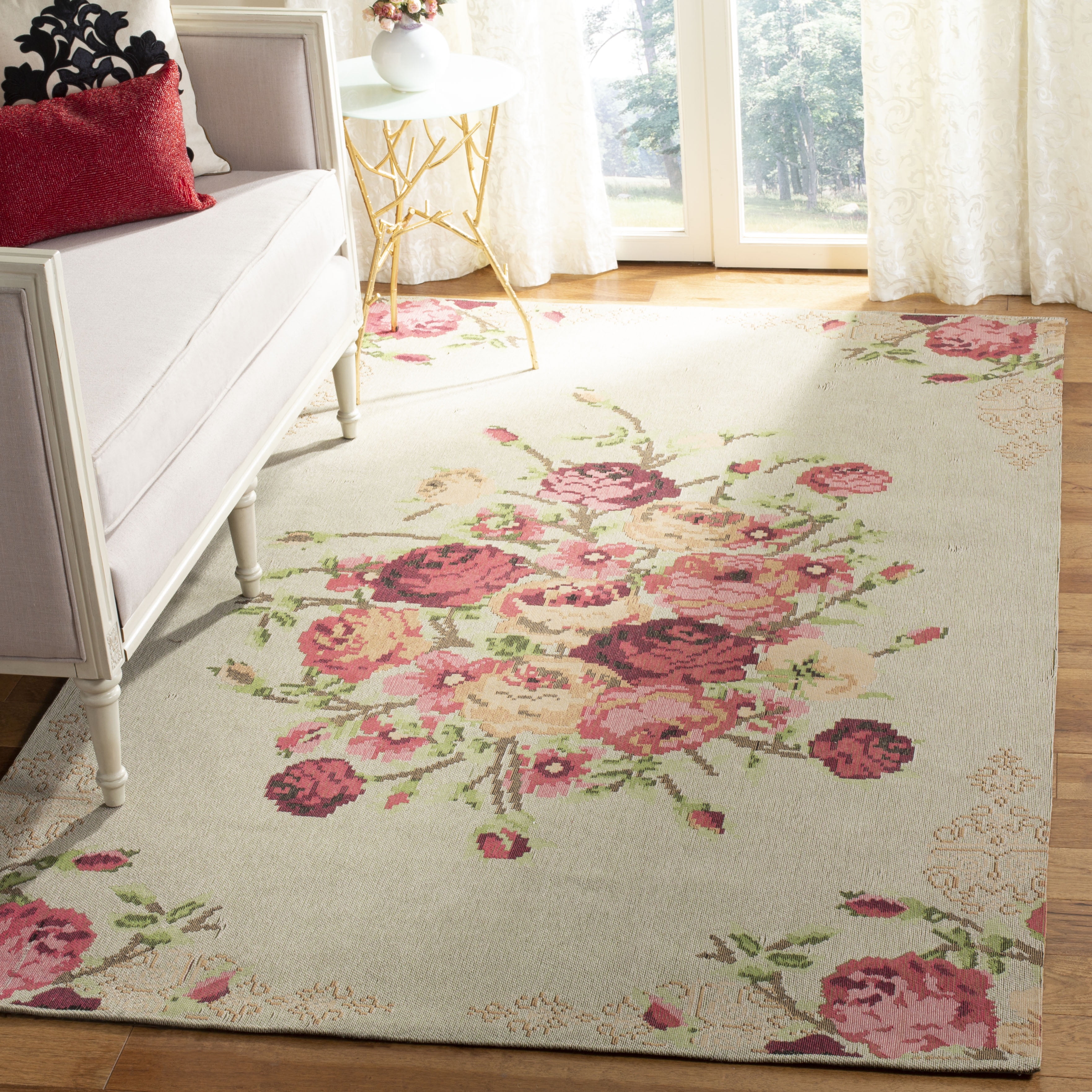 Beige and Red Floral Cotton Low Pile Area Rug