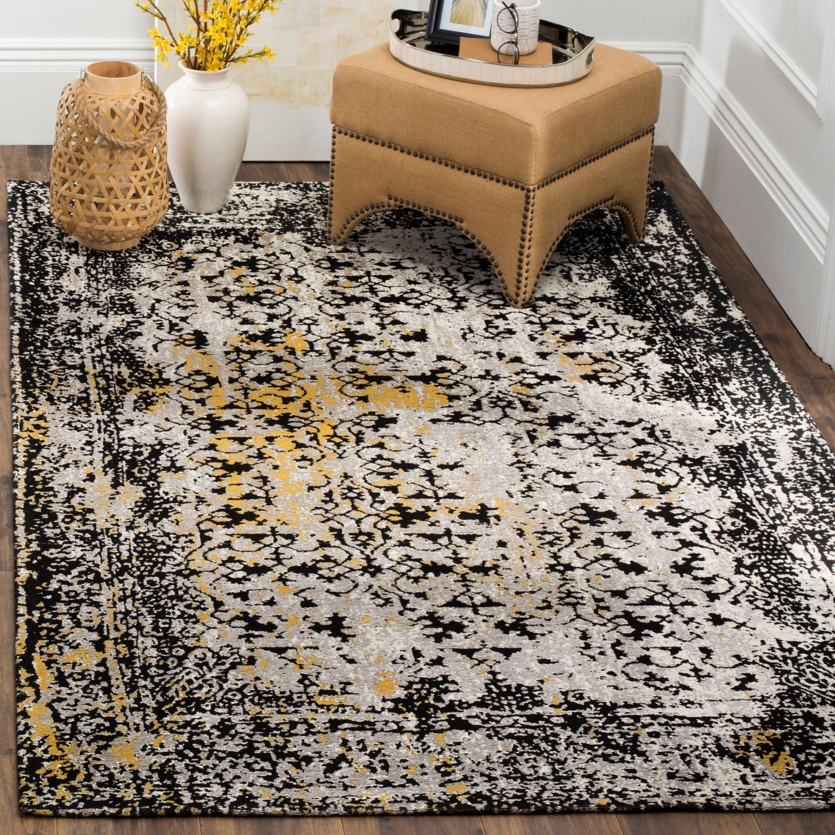 Elegant Vintage Noir 9' x 12' Black and Silver Flat-Woven Rug