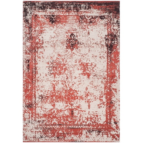 Classic Vintage Red and Beige Wool Cotton Area Rug, 5' x 8'