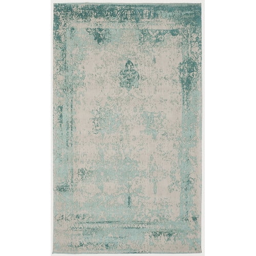 Turquoise and Beige Flat Woven 4' x 6' Cotton Area Rug