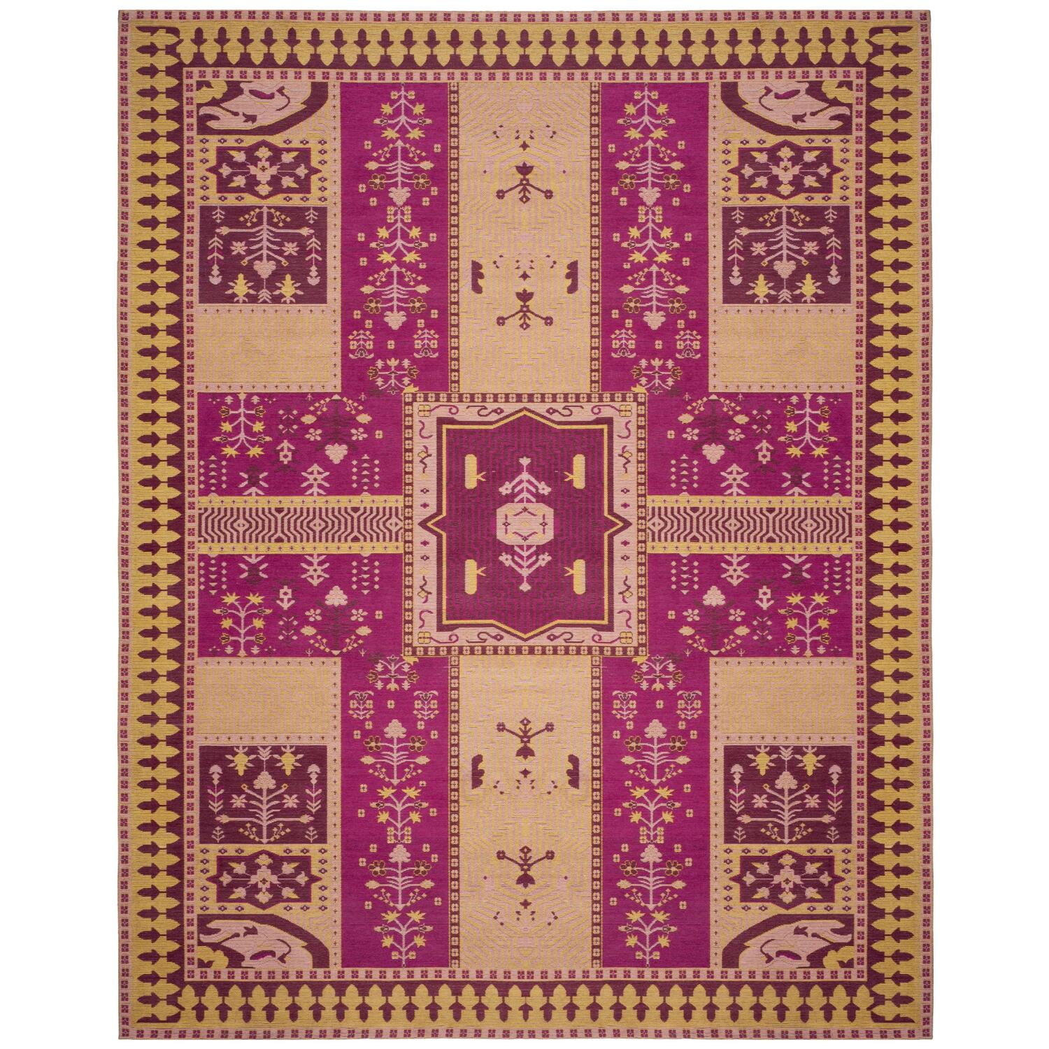 Vintage Fuchsia & Gold Flat Weave 8' x 10' Area Rug