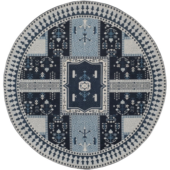 SAFAVIEH Classic Vintage Seanna Geometric Bordered Cotton Area Rug, Navy/Light Blue, 6' x 6' Round