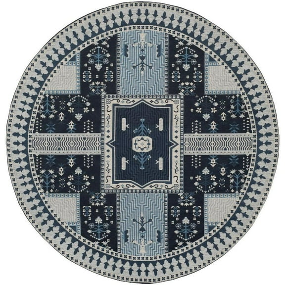 SAFAVIEH Classic Vintage Seanna Geometric Bordered Cotton Area Rug, Navy/Light Blue, 6' x 6' Round