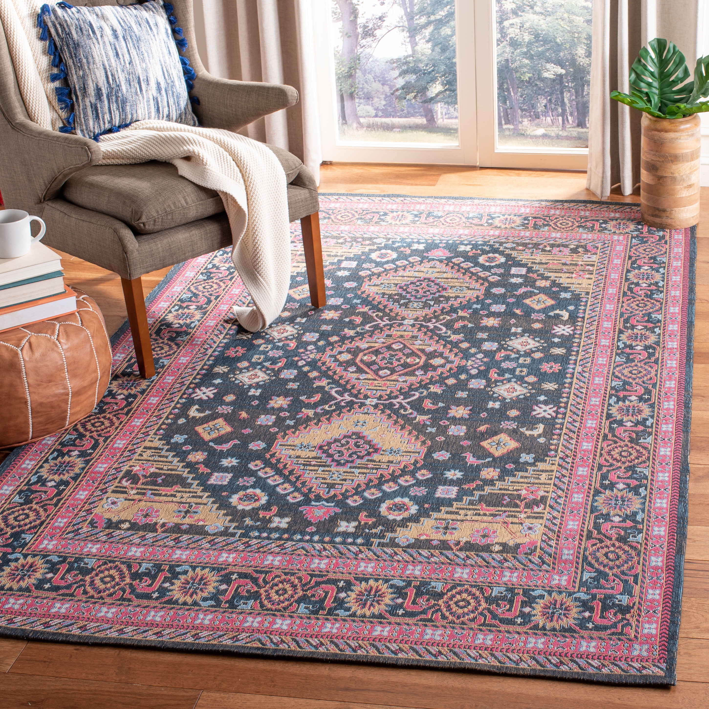 Navy and Pink Floral Motif Cotton Area Rug, 4' x 6'