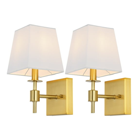 SAFAVIEH Clauren LED Brass Gold Iron Wall Sconce with White Cotton Shade, Set of 2