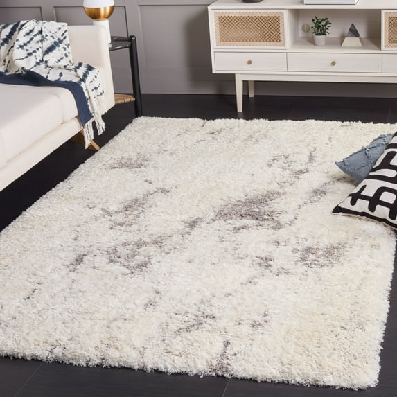 SAFAVIEH Cloud Edvin Distressed Polyester Shag Area Rug, Ivory/Gray, 4' x 6'