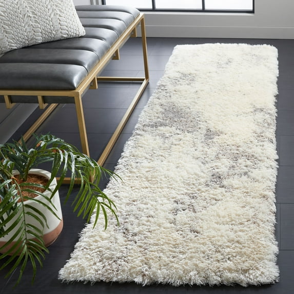 SAFAVIEH Cloud Edvin Distressed Polyester Shag Runner Rug, Ivory/Gray, 2'3" x 8'