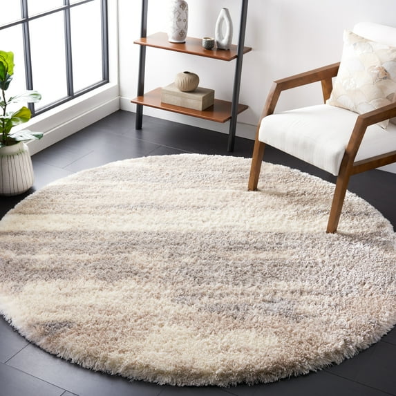 SAFAVIEH Cloud Hiram Distressed Polyester Shag Area Rug, Ivory/Gray, 6'7" x 6'7" Round