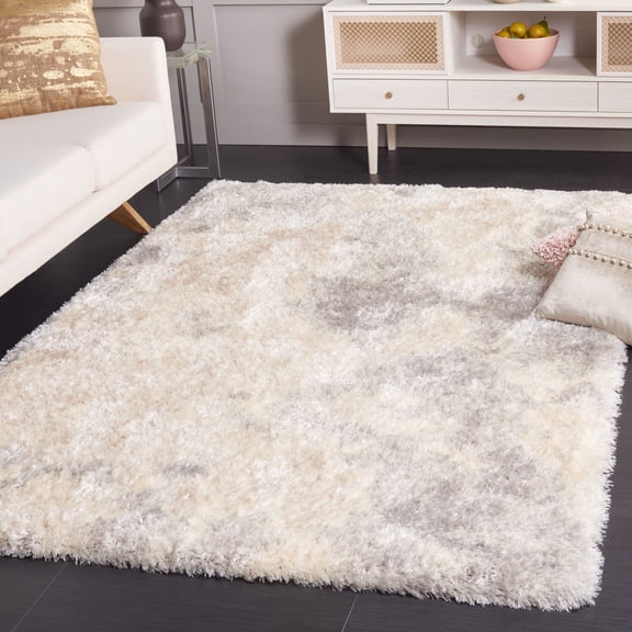 SAFAVIEH Cloud Rachelle Distressed Polyester Shag Area Rug, Ivory/Gray, 5'3" x 7'7"