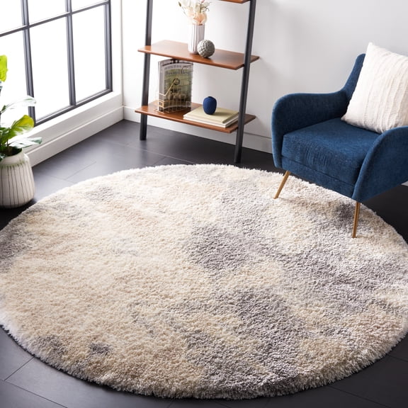 SAFAVIEH Cloud Rachelle Distressed Polyester Shag Area Rug, Ivory/Gray, 6'7" x 6'7" Round