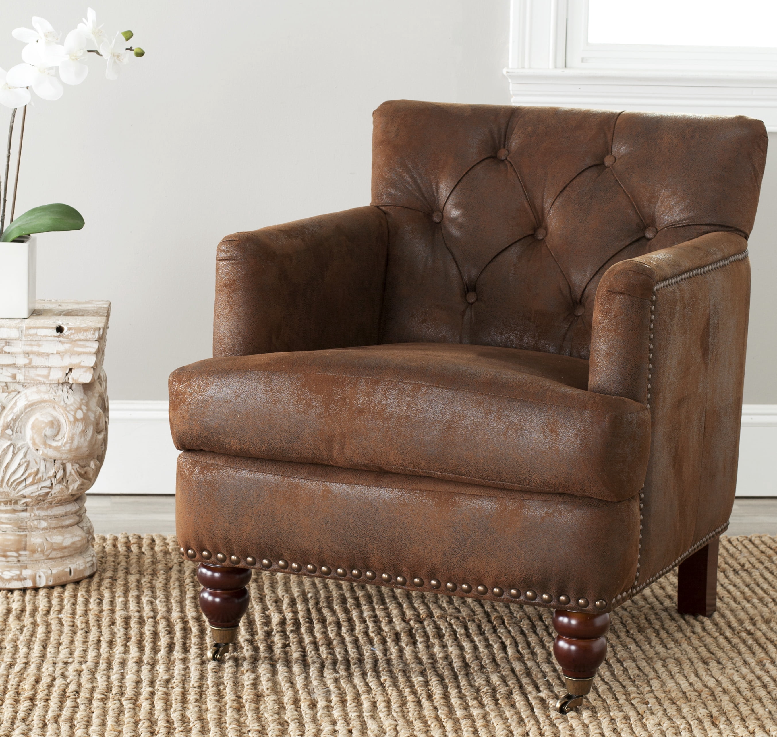 SAFAVIEH Colin Industrial Tufted Club Chair with Casters, Antique Brown