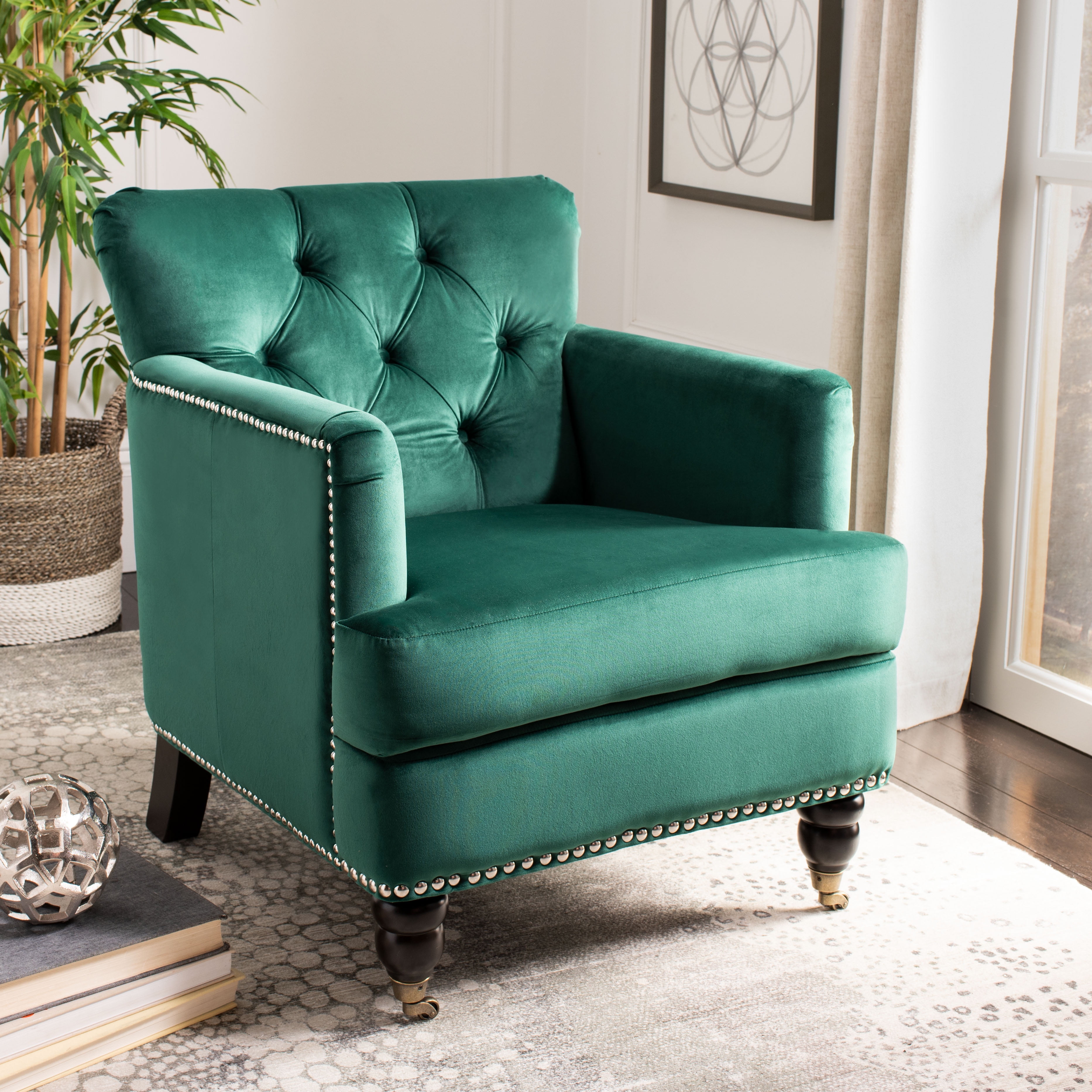 Emerald Velvet Tufted Club Chair with Espresso Wood Legs