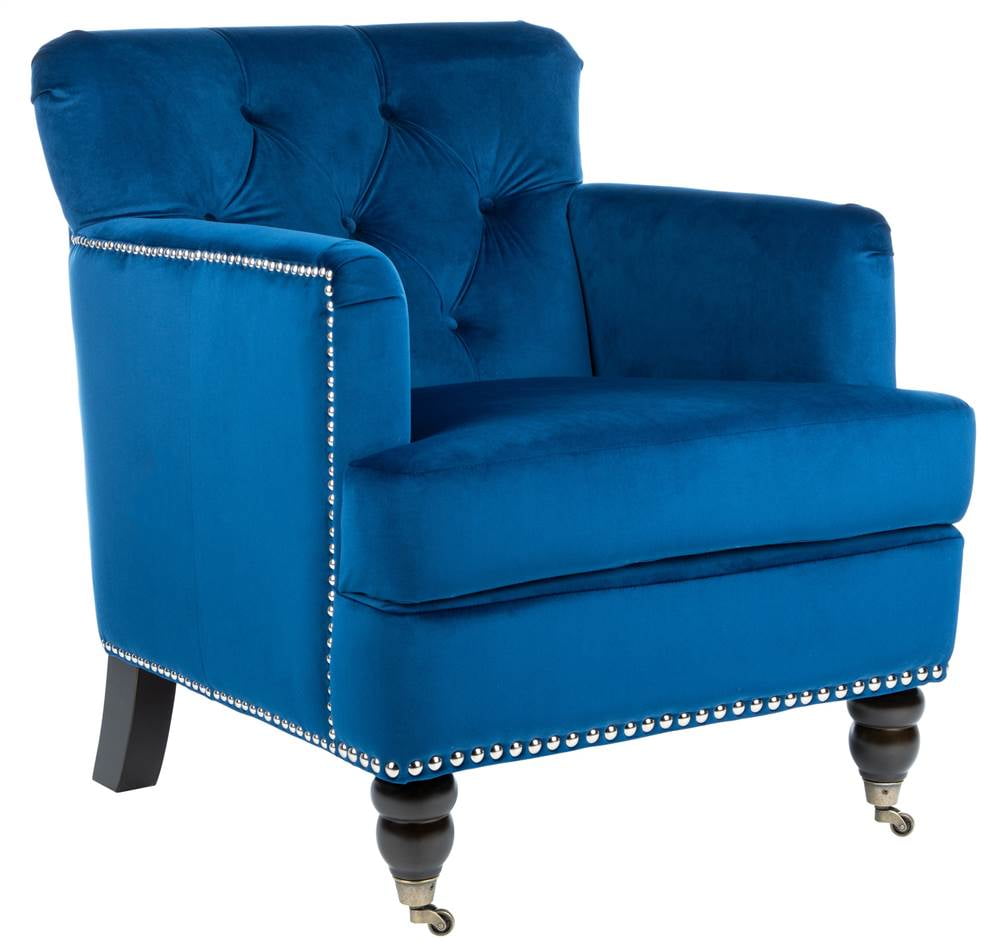 Navy Velvet Tufted Arm Chair with Espresso Wood Legs