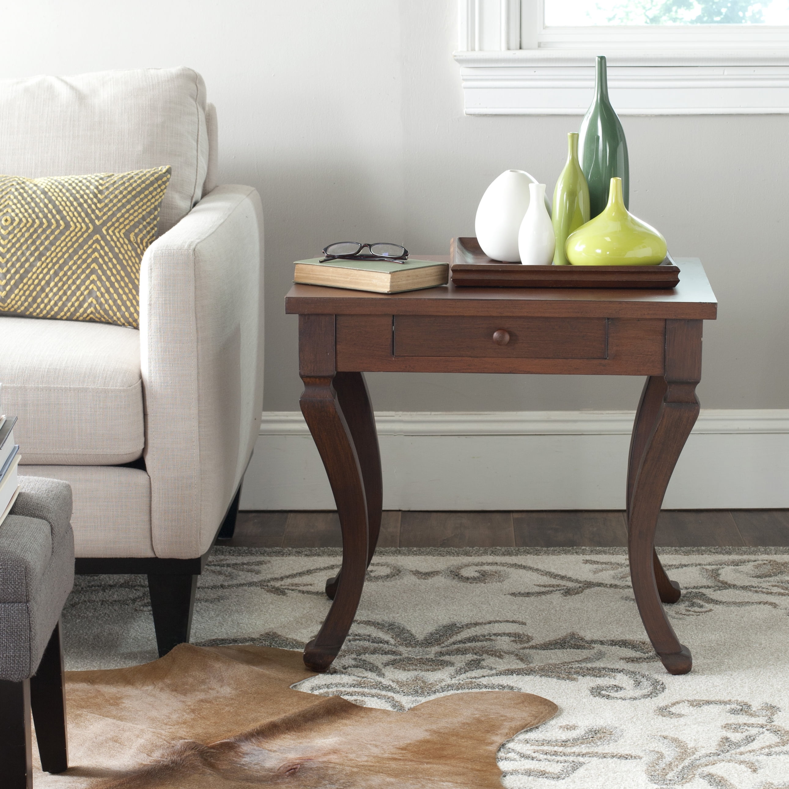 Brown Fir Wood Rectangular Side Table with Storage Drawer