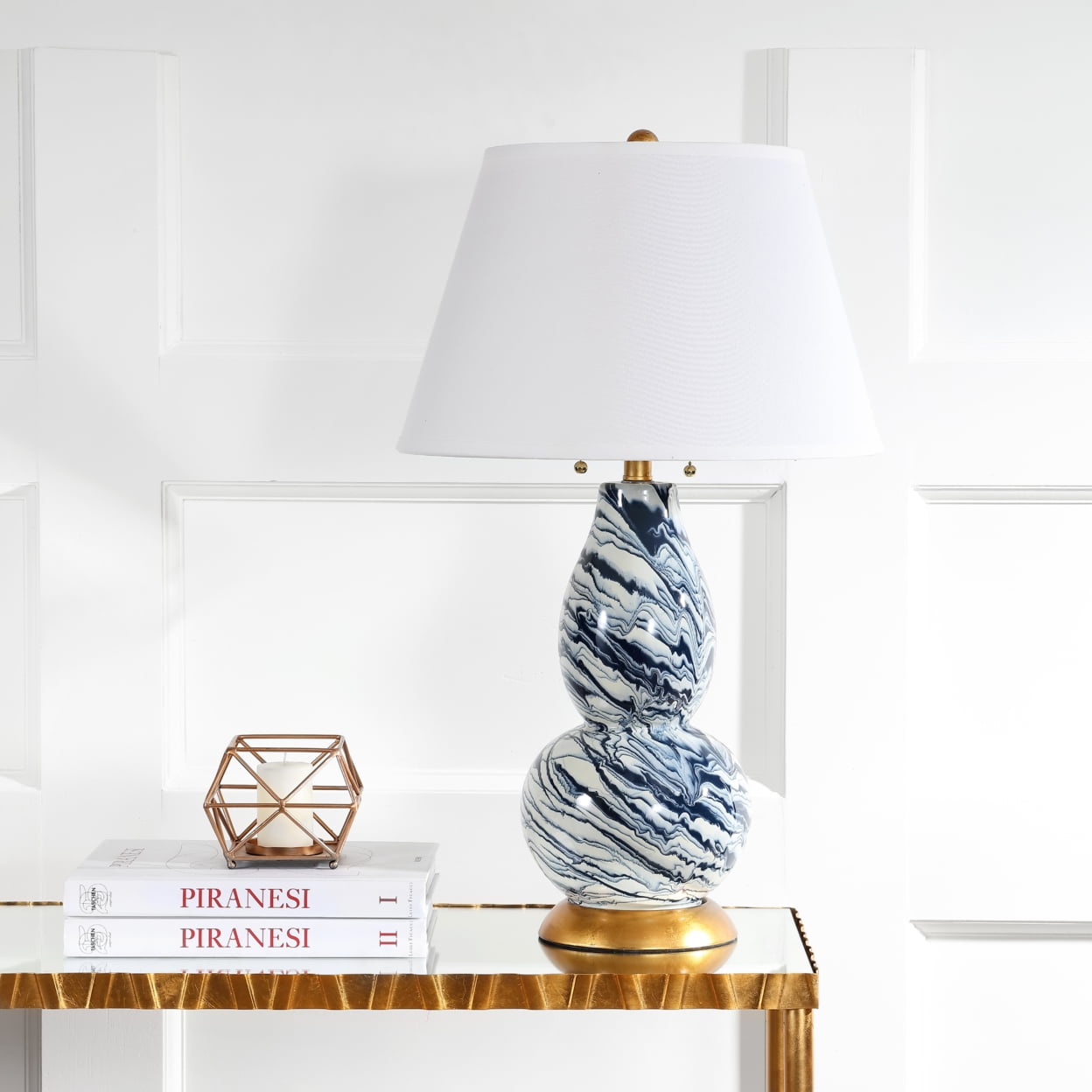 Navy and White Marbleized Glass Table Lamp Set with Gold Accents