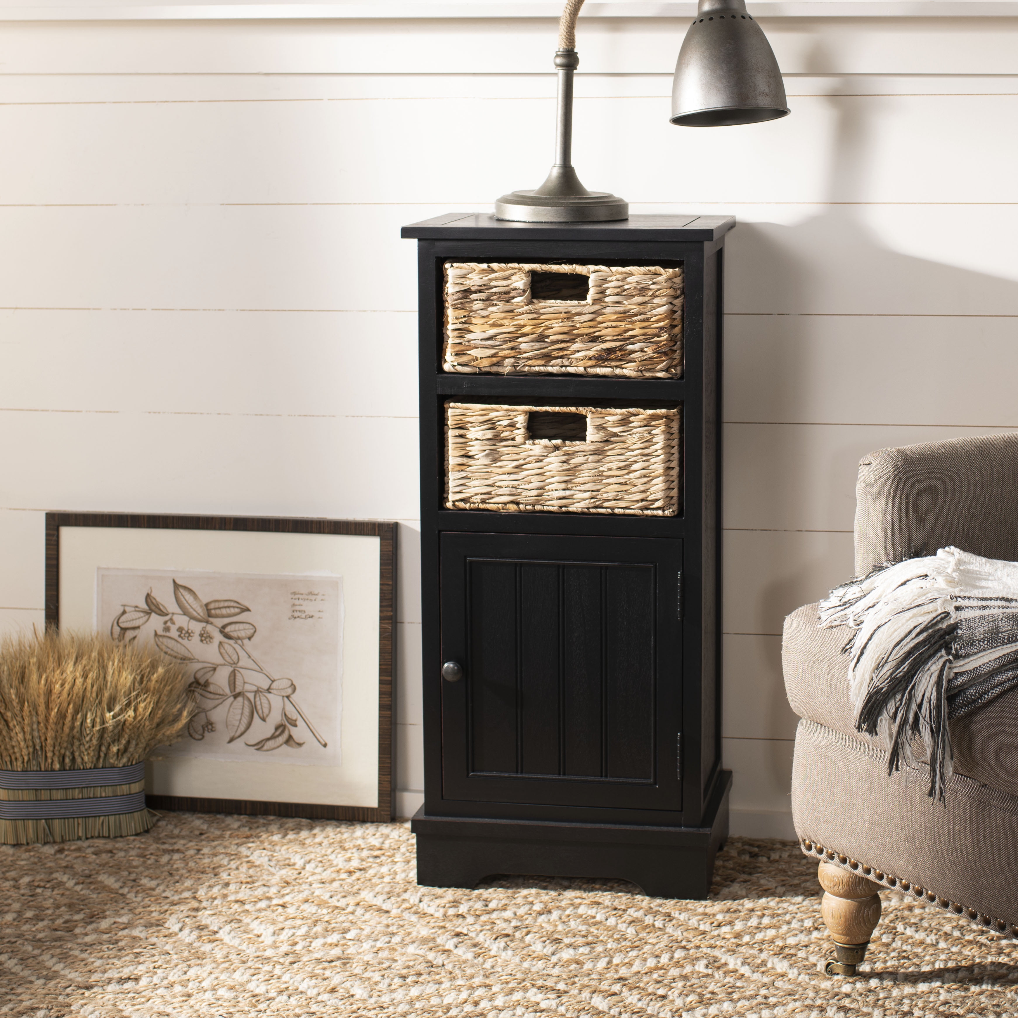 Distressed Black Pine Wood Accent Cabinet with Wicker Baskets