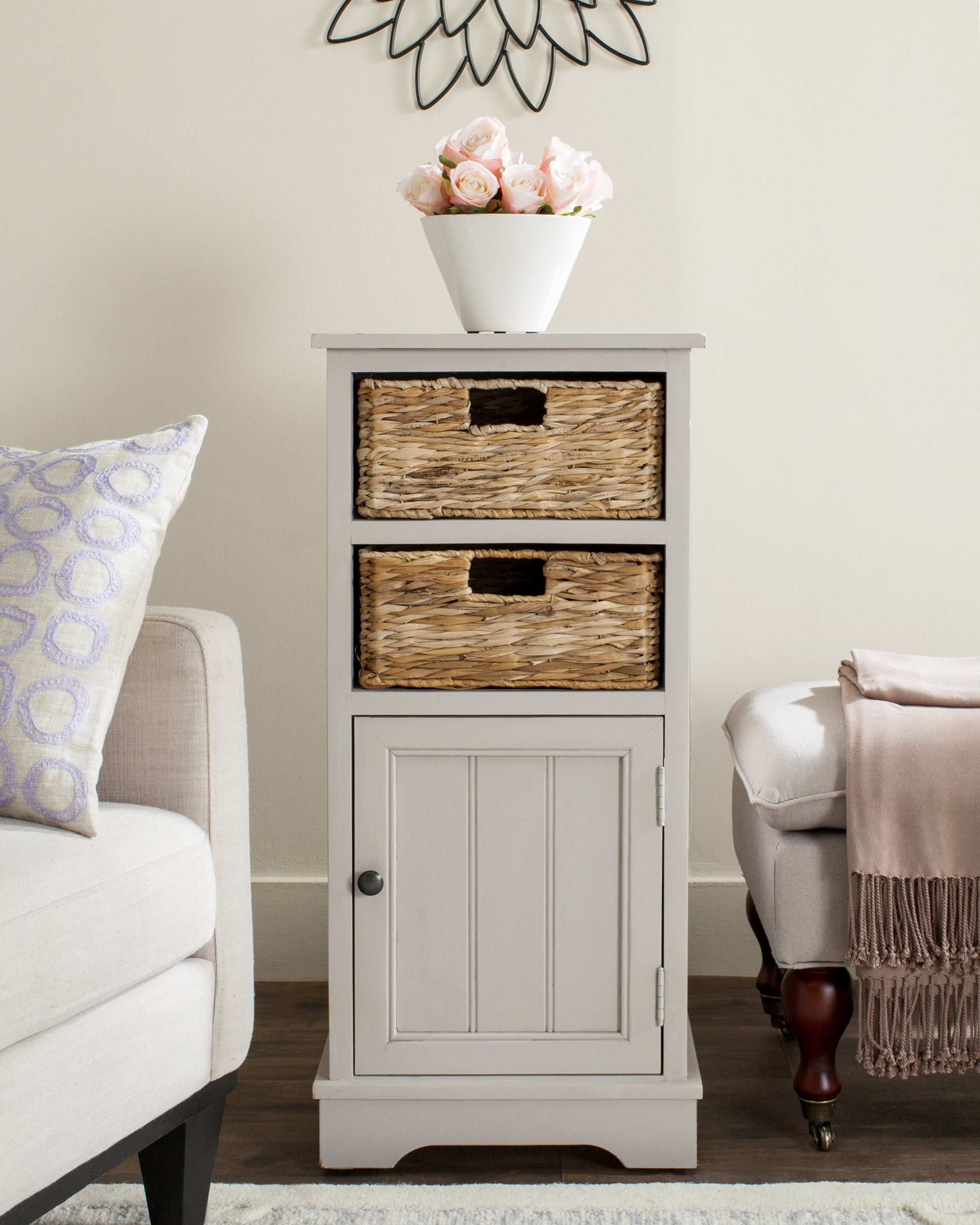 Vintage Grey Pine Wood Accent Cabinet with Wicker Baskets