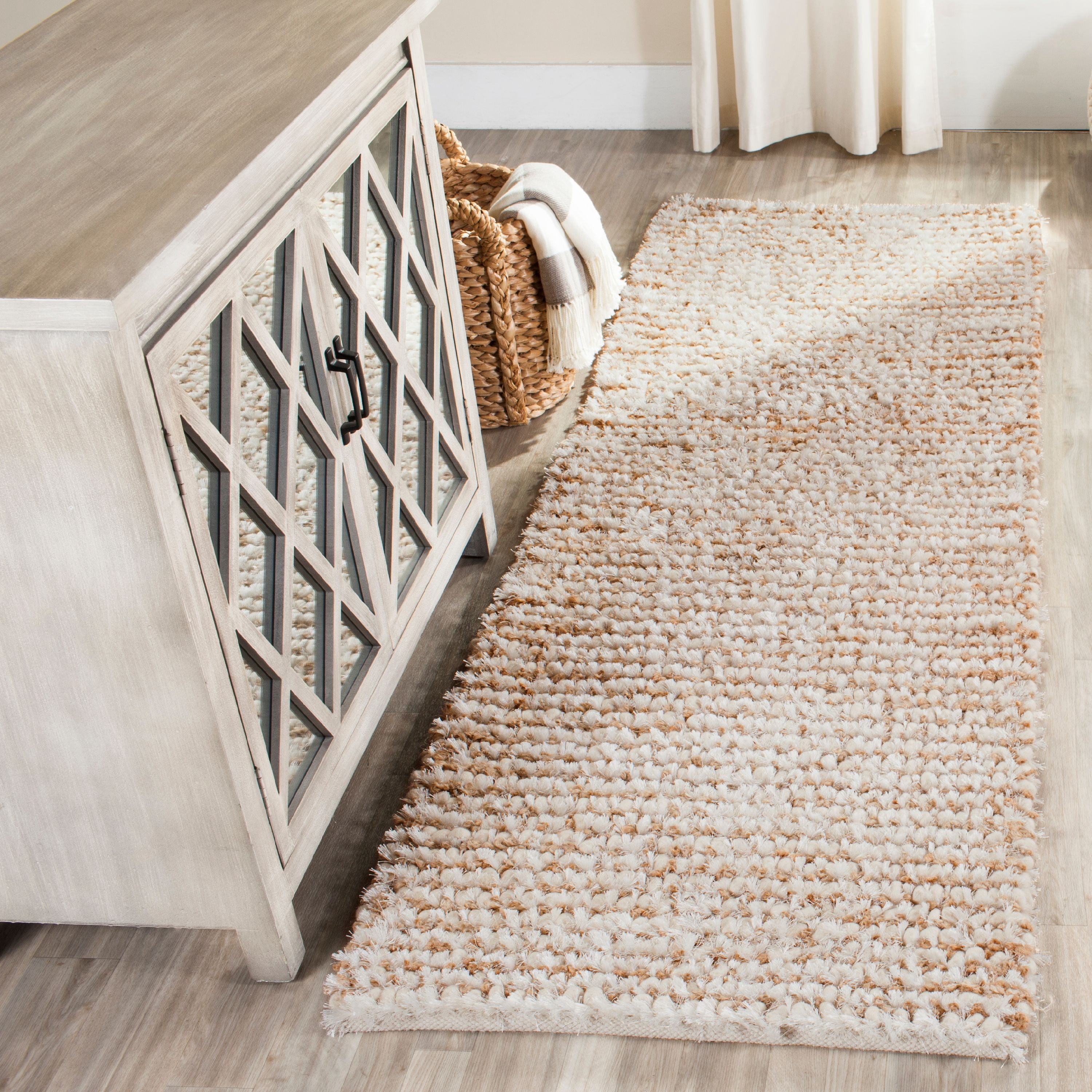 SAFAVIEH Constance Braided Plush Shag Runner Rug, White/Beige, 2'3" x 7'