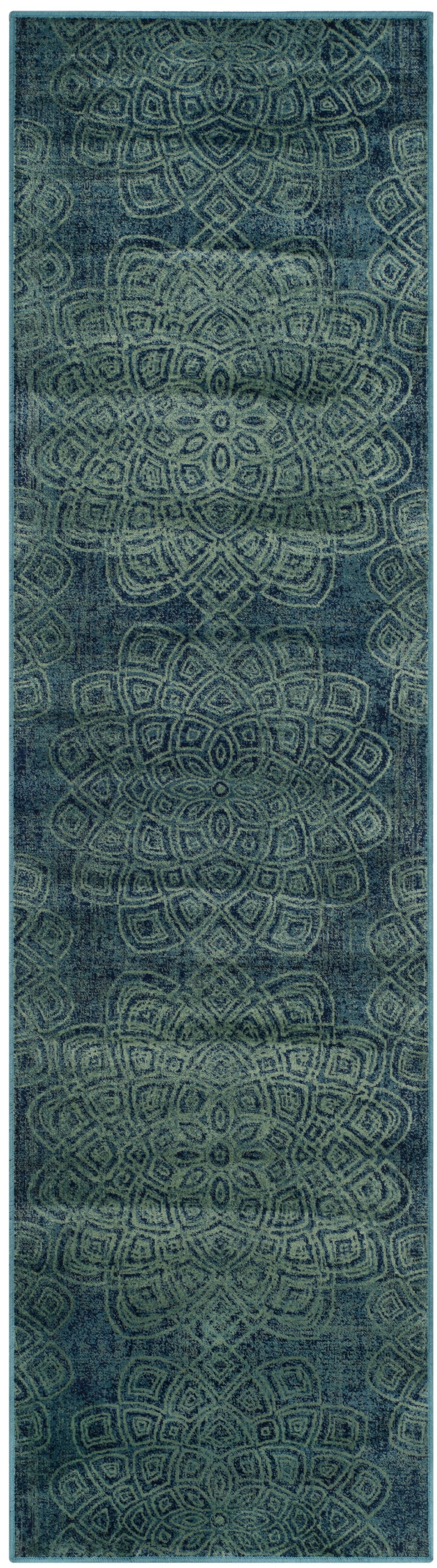 Light Blue Geometric Wool and Viscose Runner Rug