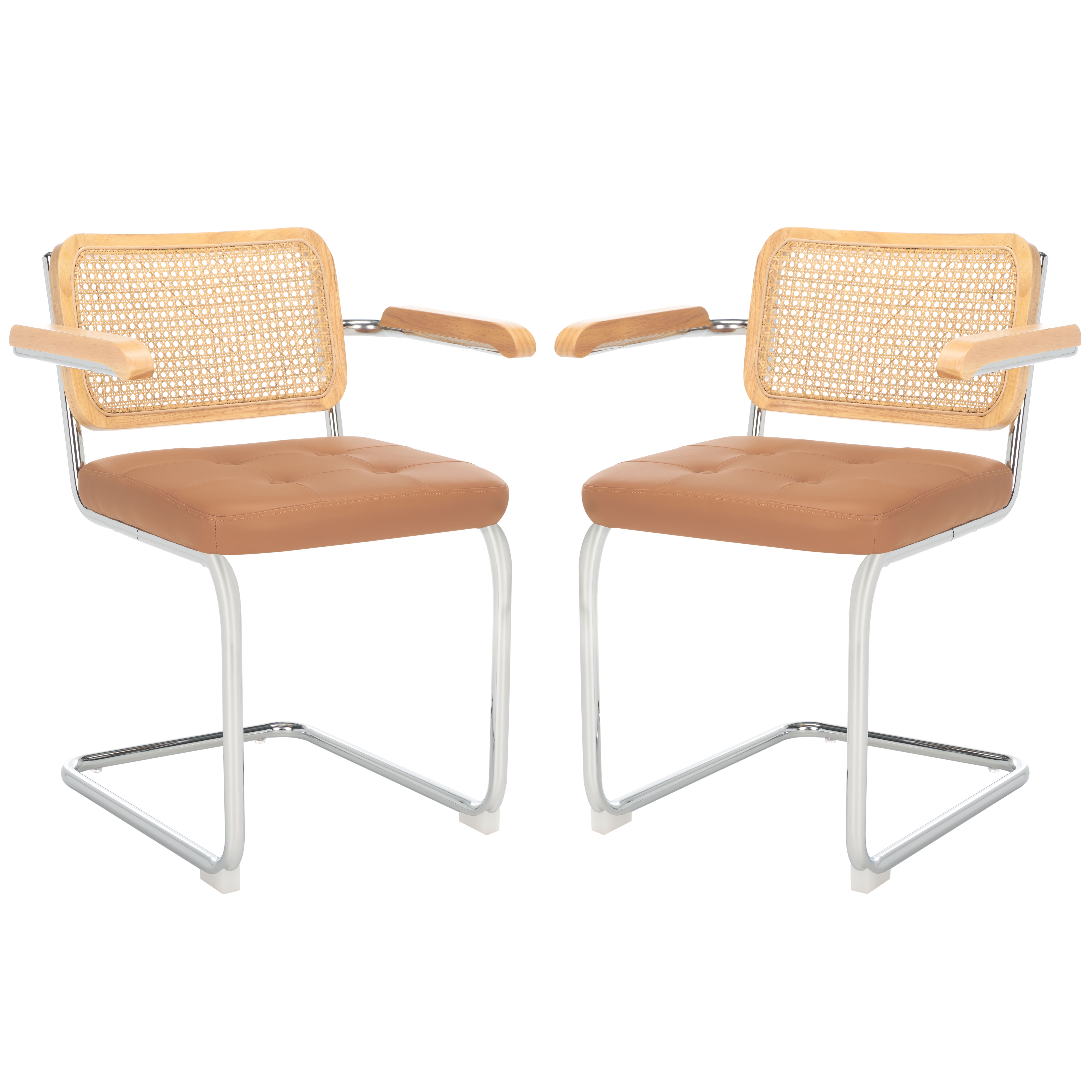 Cognac Faux Leather and Natural Rattan Arm Chair with Chrome Legs