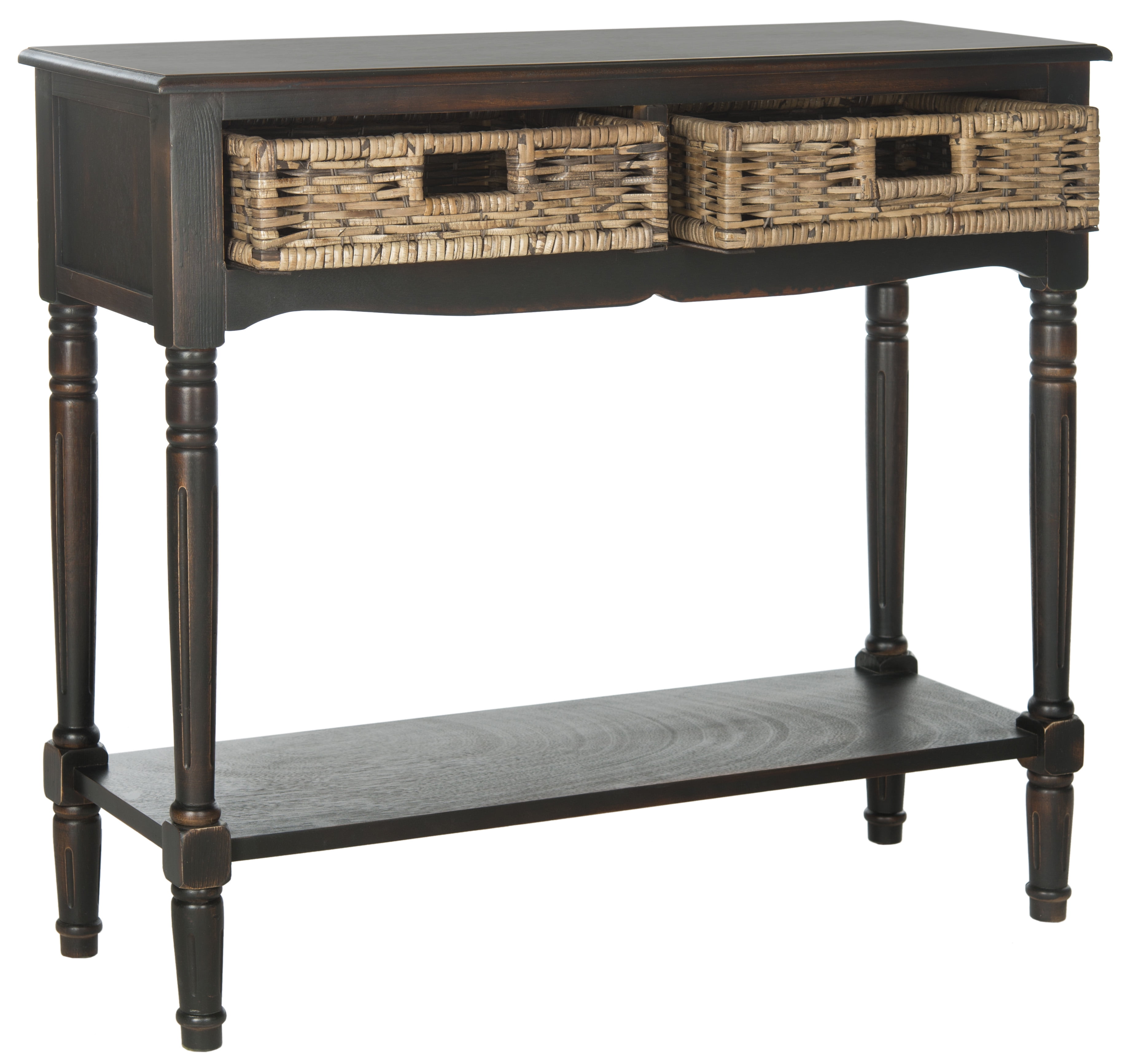 Transitional Brown Pine Console Table with Rattan Drawers