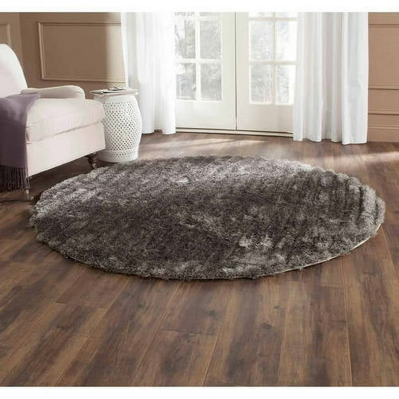 SAFAVIEH Cory Striped Plush Shag Area Rug, Silver, 6' x 6' Round