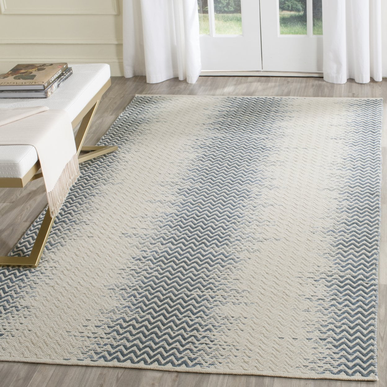 Blue and Ivory Rectangular Wool Cotton Kilim Area Rug, 8' x 10'