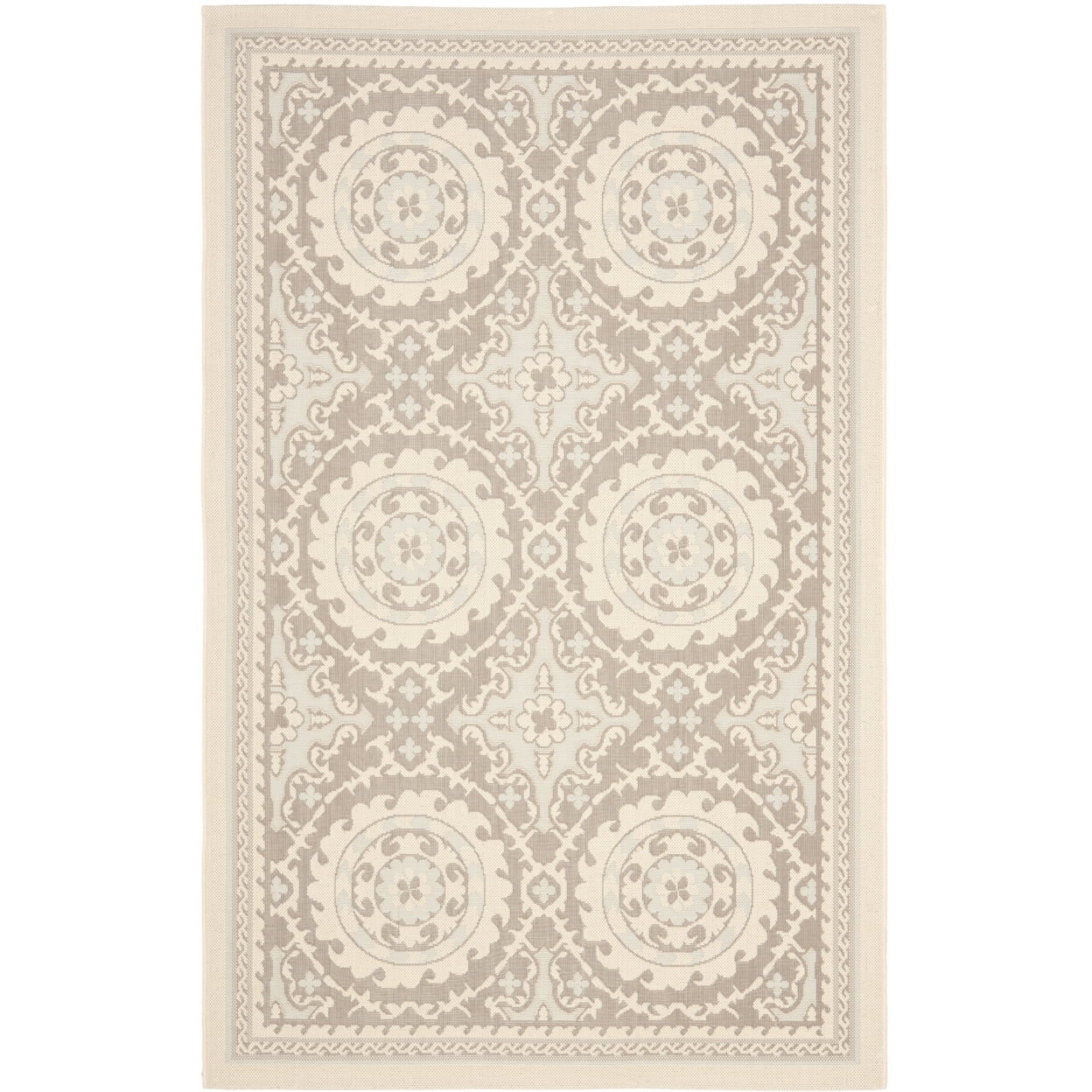 Beige and Dark Beige Floral Motif Rectangular Outdoor Area Rug