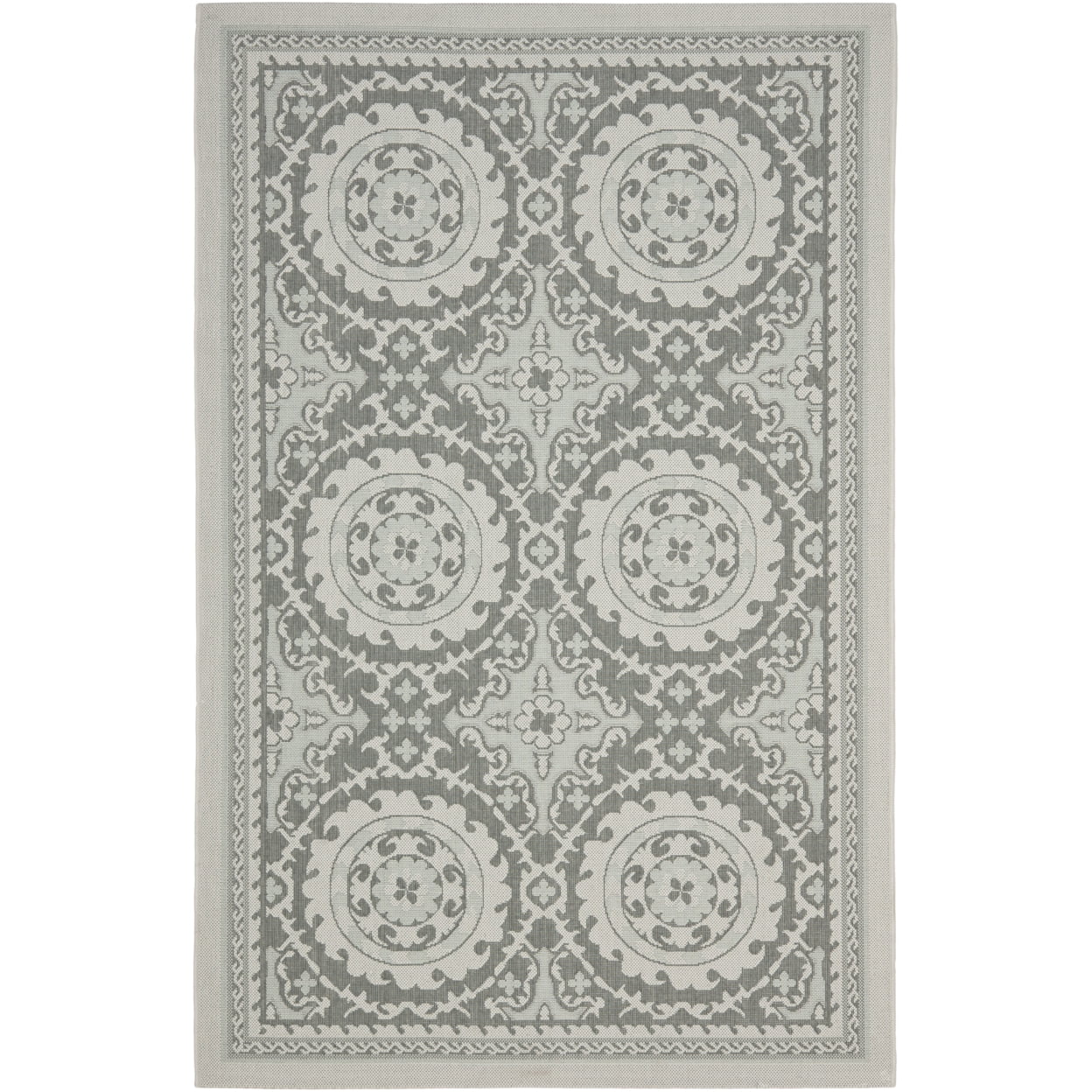 Light Grey and Anthracite Floral Motif Outdoor Area Rug