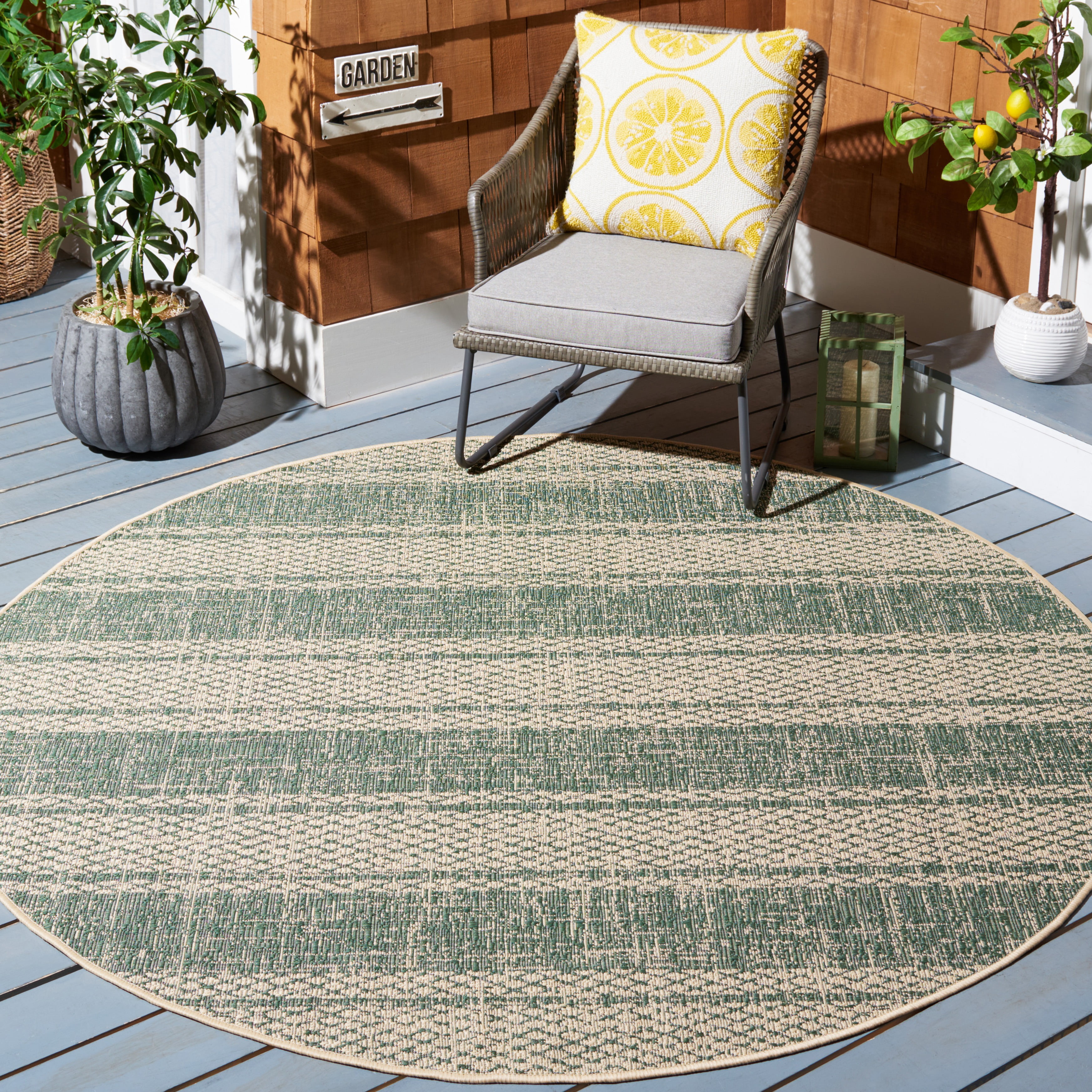 Safavieh Courtyard Adam Striped Indoor/Outdoor Area Rug, Beige/Dark Green, 6'7" x 6'7" Round